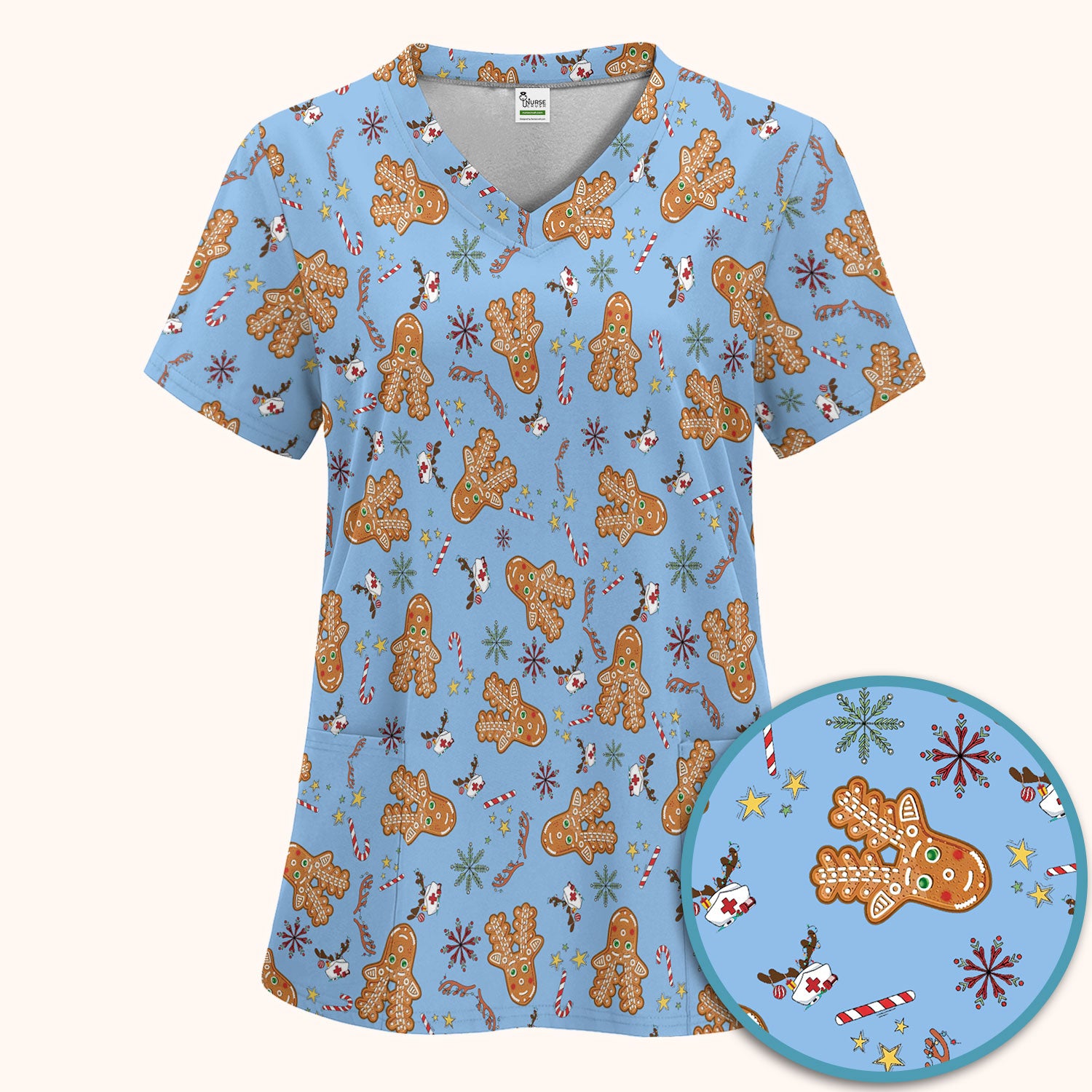 Gingerbread Cookies Reindeer Scrub Sets - Comfortable Scrubs for Nurses - Funny Christmas Gingerbread Scrub Pants and V Neck Top
