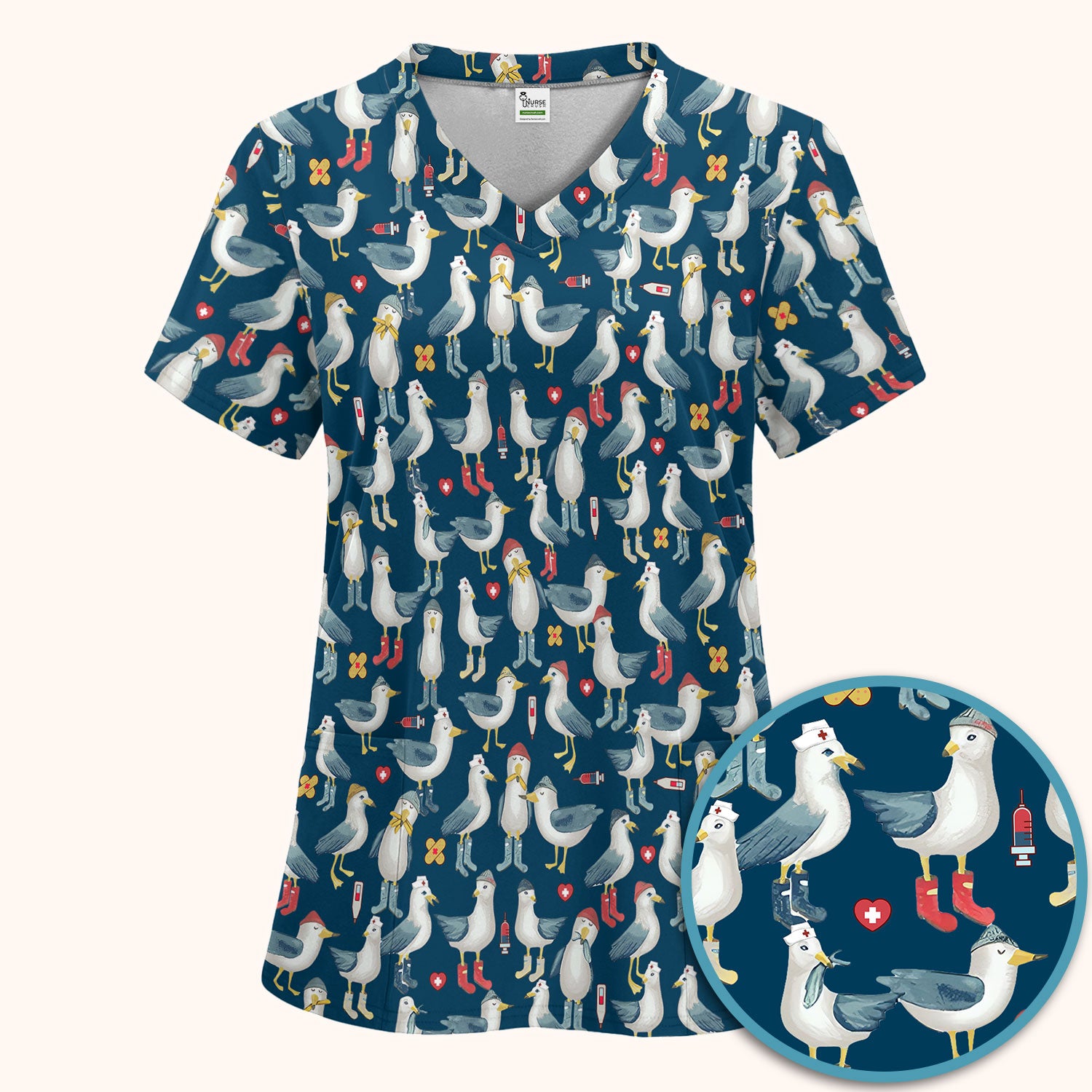 Seagull Scrub Set for Nurses - Adorable Birds Medical Uniform - Funny Scrubs Pants and V Neck Top for RN CNA LPN
