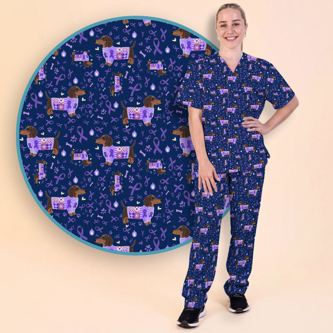 Wiener Dog Purple Ribbon Cancer Awareness Scrub Sets - Dachshund Nursing Uniform - Comfortable Scrubs for Nurses