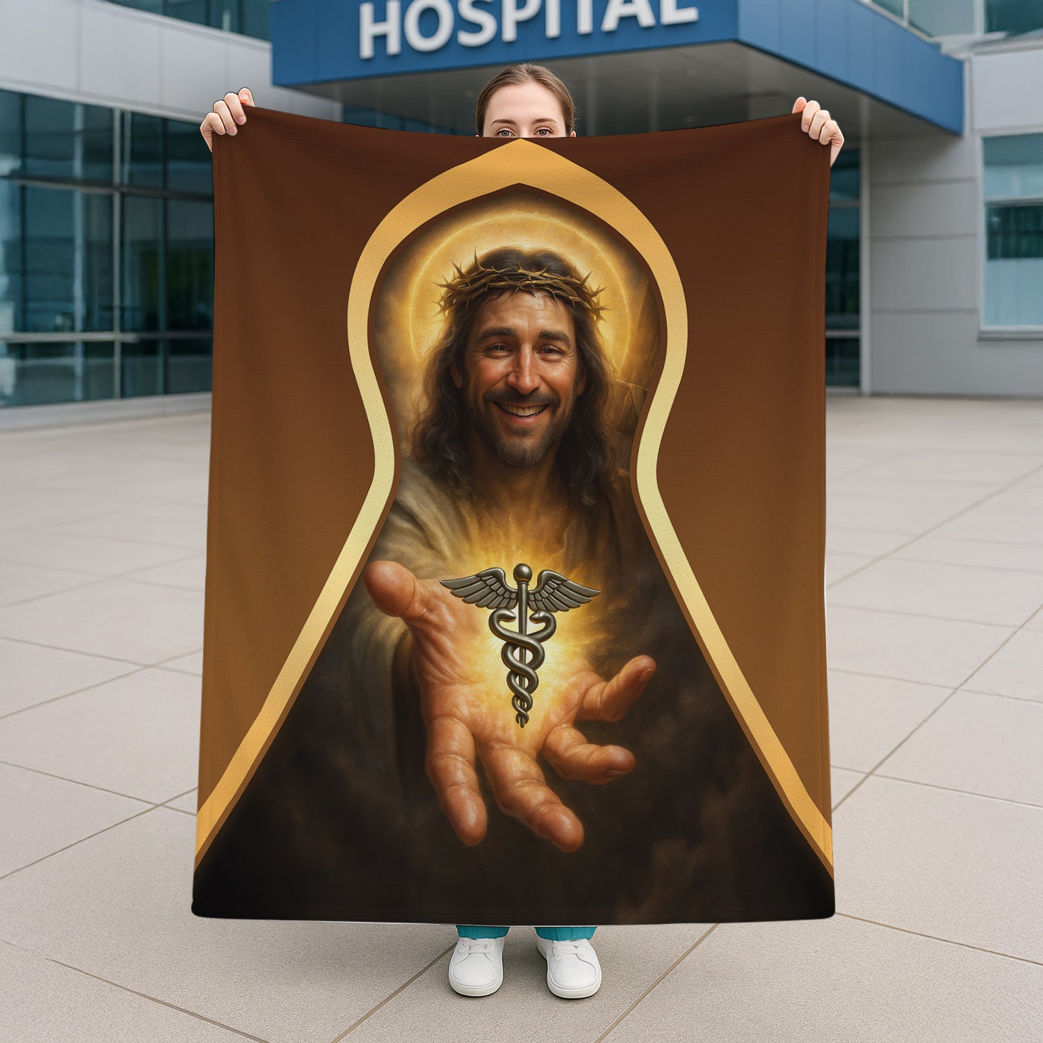 Personalized Religious Nurse Throw Blanket -Inspirational Jesus Medical Symbol Design - Christian Gift for RN CNA LPN Healthcare Workers
