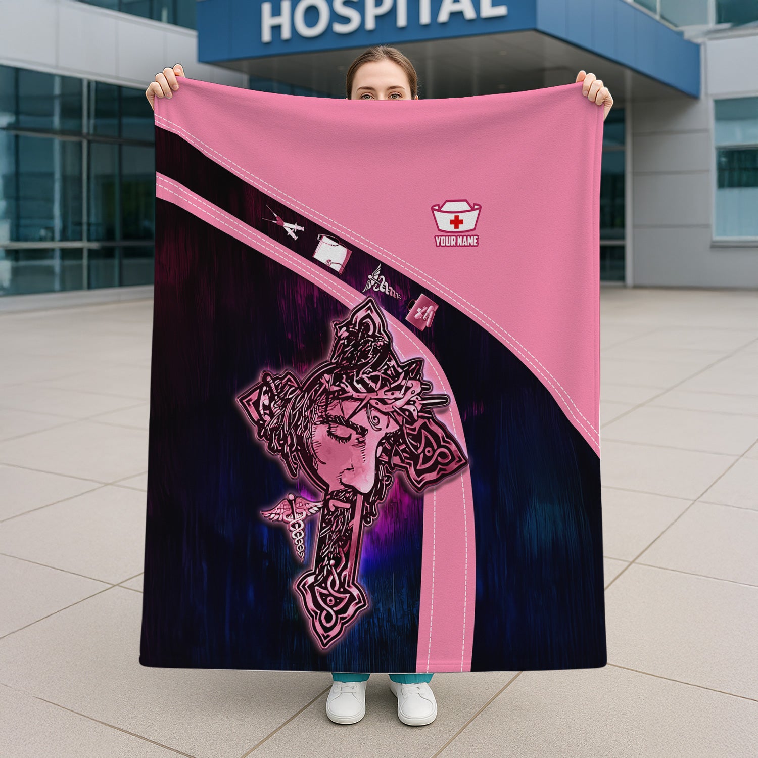 Personalized Christian Nurse Blanket - Jesus on the Cross Faith Graphic Design - Gift for RN LPN Healthcare Workers