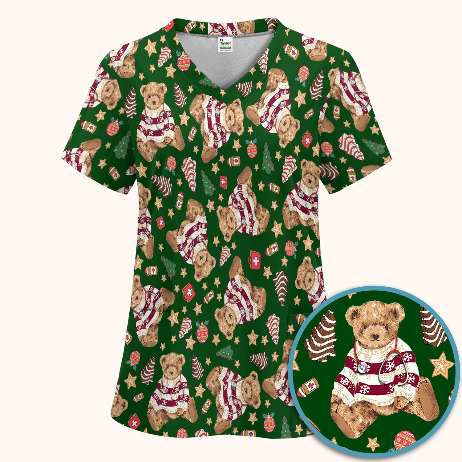 Teddy Bear Christmas Scrub Set - Festive Scrubs Pants and V Neck Top for Women - Gift for Nurses RN CNA LPN