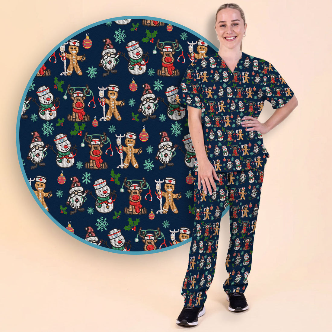 Reindeer Christmas Women's Scrub Sets - Gingerbread Cookies and Santa Claus Medical Uniform - Comfortable Scrubs for Nurses