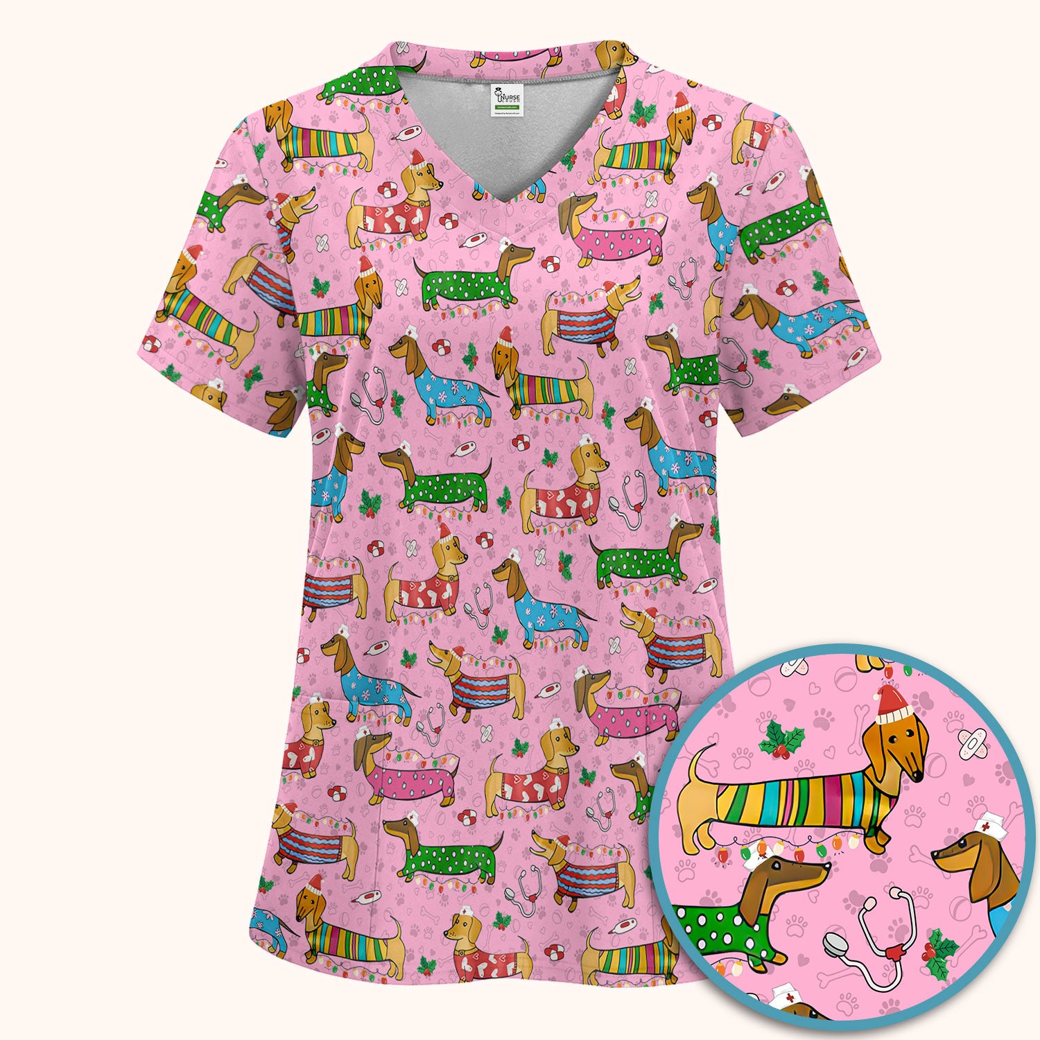 Christmas Dachshund Scrub Set for Nurses - Cute Wiener Dog in Holiday Outfit - Funny Medical Uniform Gift for Women RN LPN CNA