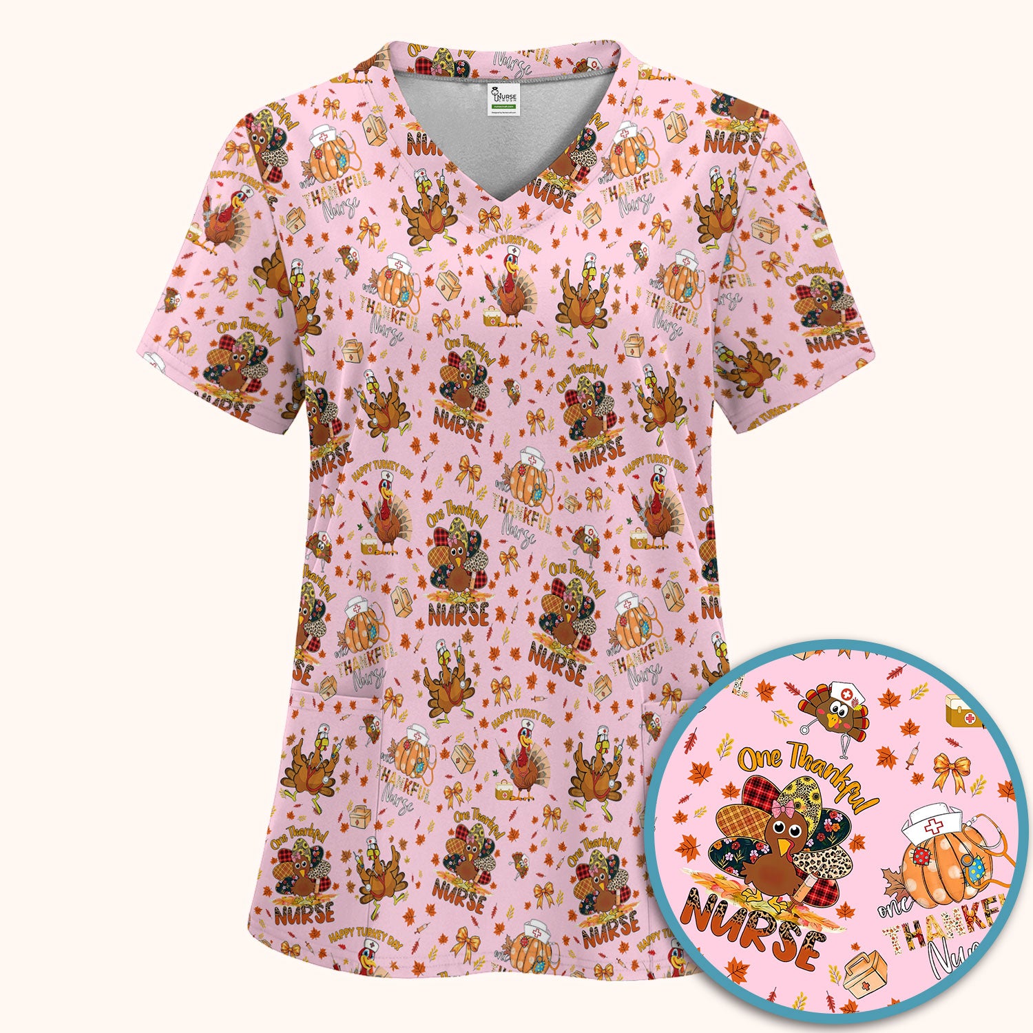 Thanksgiving Nurse Fall Scrub Sets for Women - Cute Turkey and Pumpkin Scrubs Pants and V Neck Top - Autumn Med Gift for Her