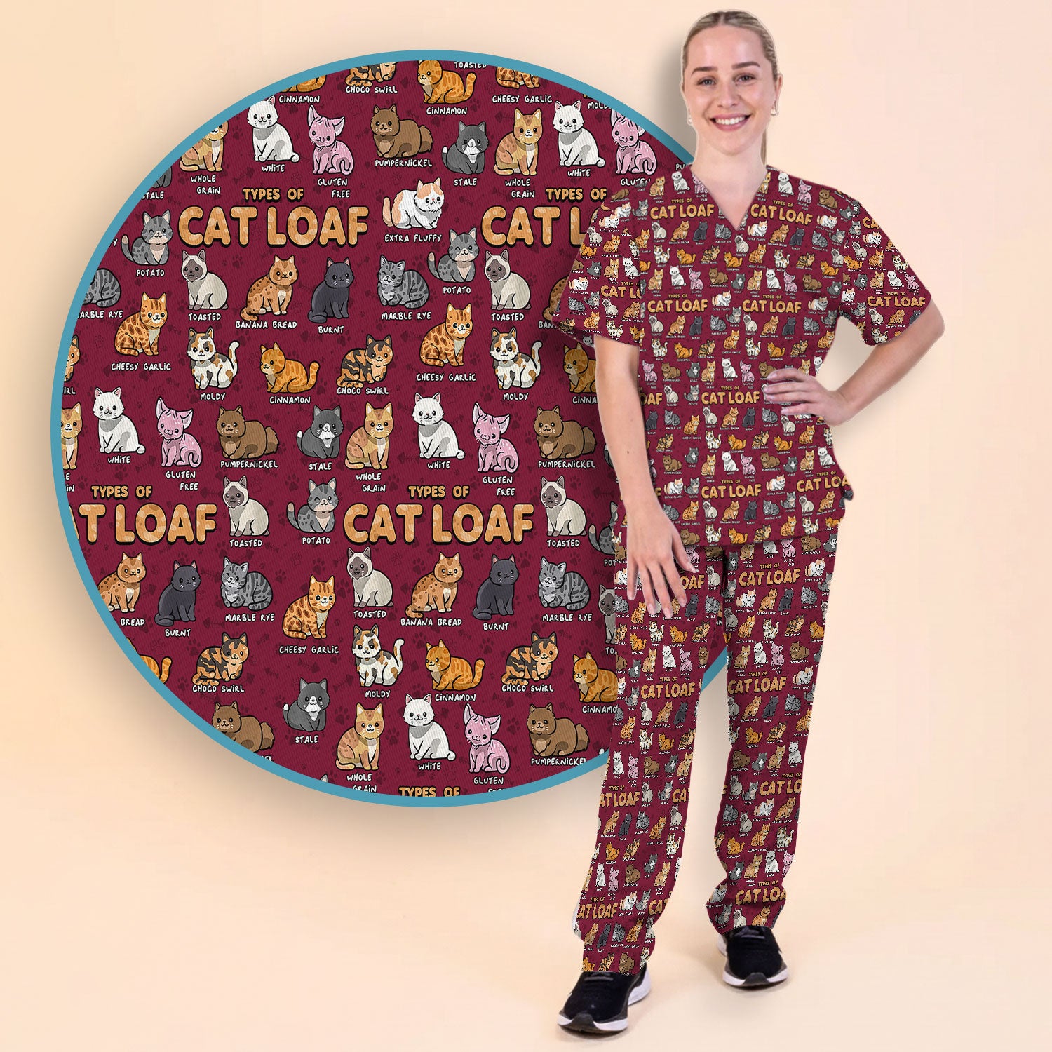 Funny Cat Loaf Nurse Scrub Set for Women - Cute Cat Medical Uniform Top and Pants - Pet Lover Gift - Comfortable Nursing Outfit