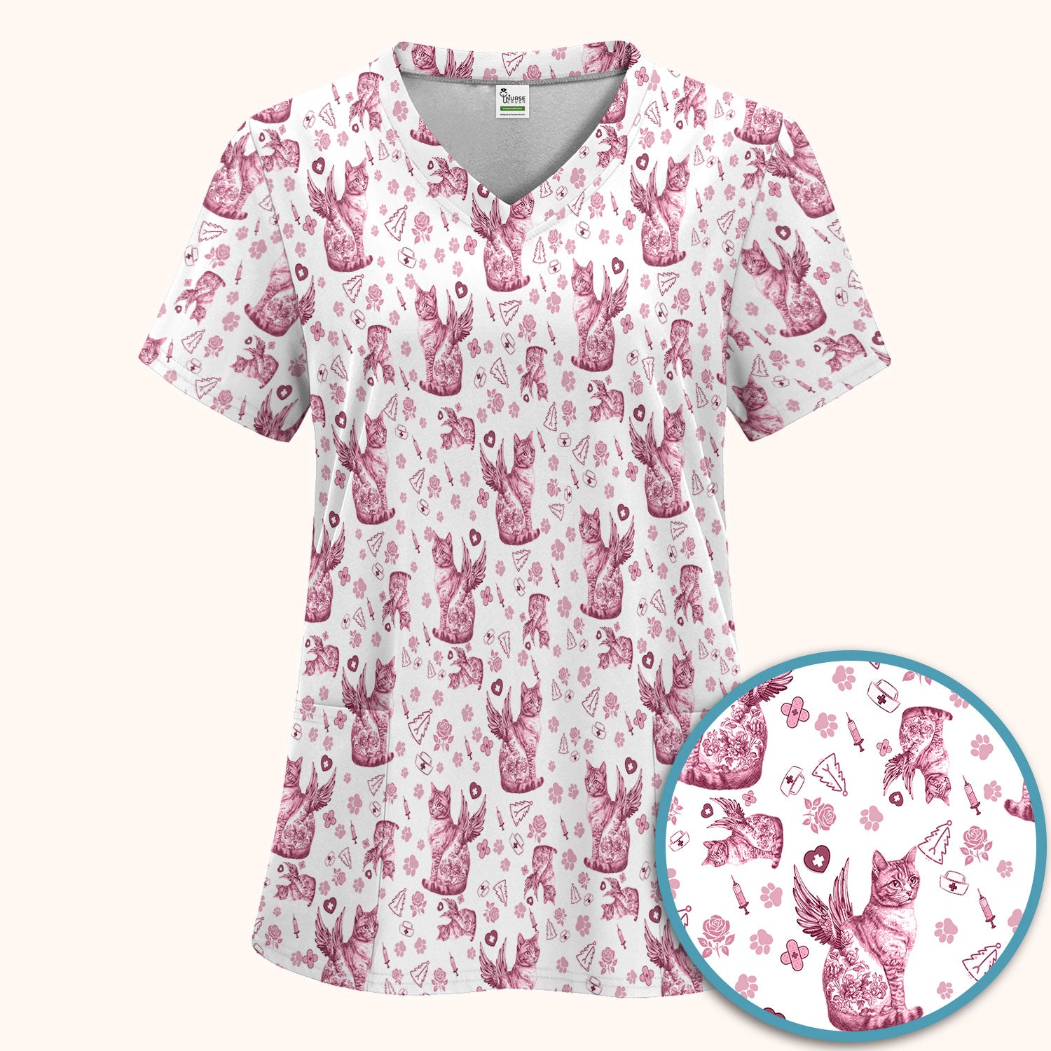 Toile de Jouy Cat Angel Scrub Set - Blue Vintage Nurse Pants and V Neck Top - French Style Medical Uniform for Women