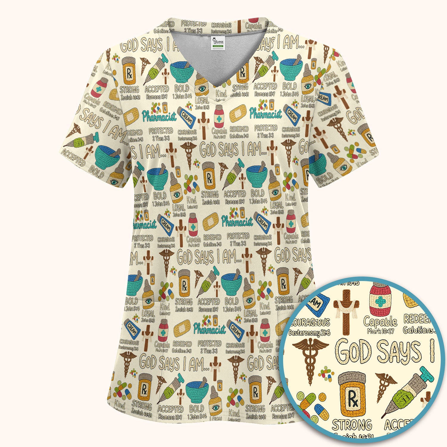 God Says I Am Pharmacist Scrub Set - Christian Pharmacy Scrubs Pants and V Neck Top for Women - Bible Verse Nurse Shirt