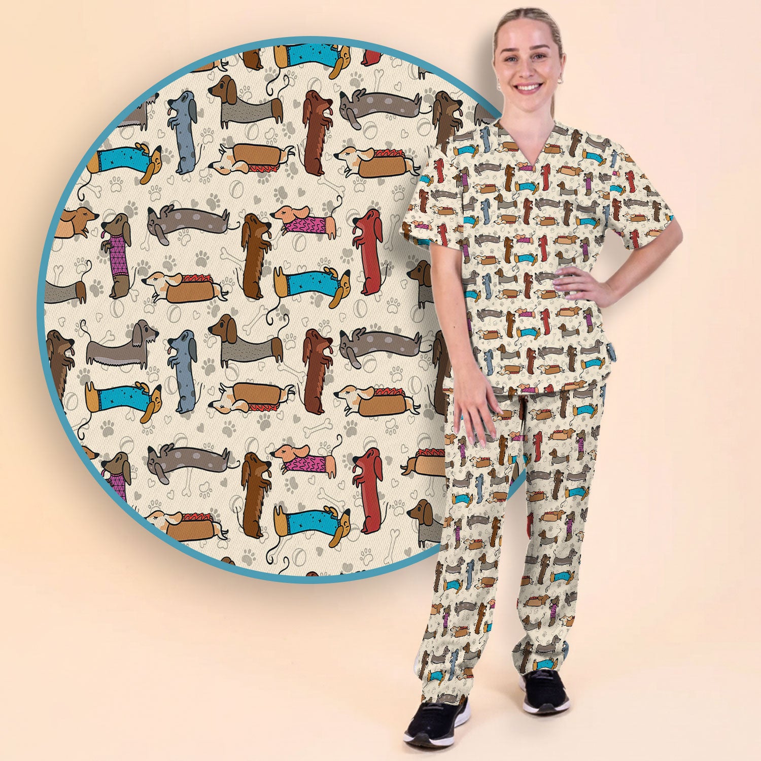 Cute Dachshund Women's Scrub Sets - Funny Sausage Dog Pattern Med Uniform - Nursing Gift for RN LPN CNA