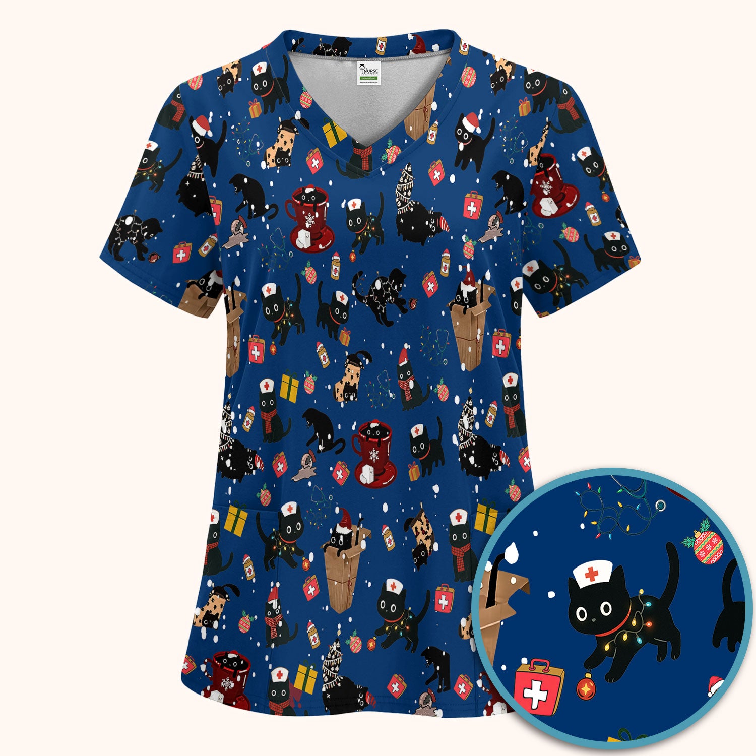 Christmas Cat Scrub Set for Nurse - Funny Black Cats Scrubs Pants and V Neck Top - Cute Holiday Medical Uniform for Women