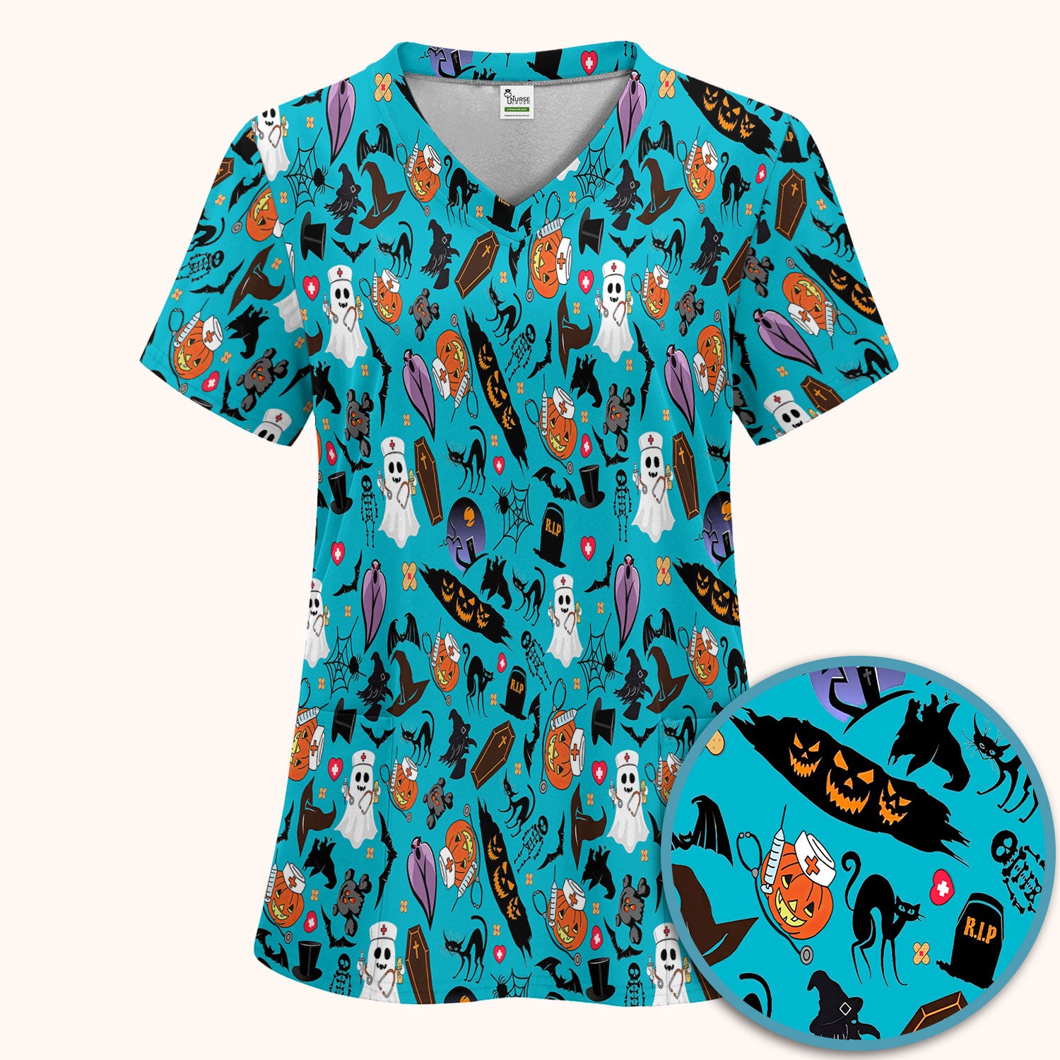 Spooky Halloween Scrub Set - Pumpkin Ghost Bat Nurse Scrubs Pants and V Neck Top - Wicked Witch Medical Uniform for RN CNA LPN