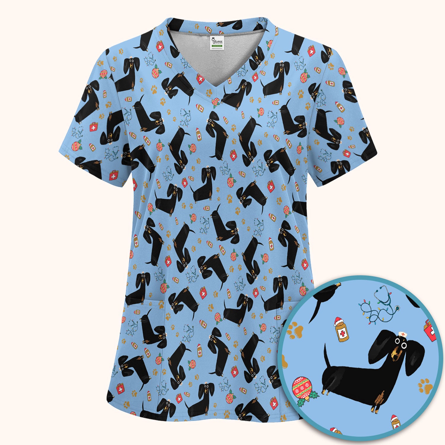 Funny Black Dachshund Scrub Set for Nurses - Cute Wiener Dog Scrubs Pants and V Neck Top - Puppy Lover Nursing Gift for Women