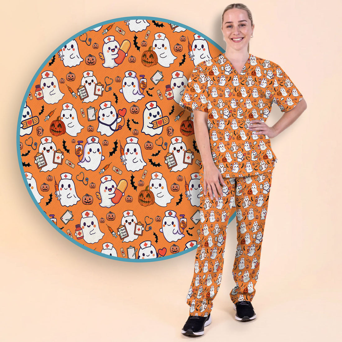 Women's Scrub Sets Halloween Gift - Comfortable Scrubs for Nurses - Pumpkin Ghost Scrub Pants and V Neck Top