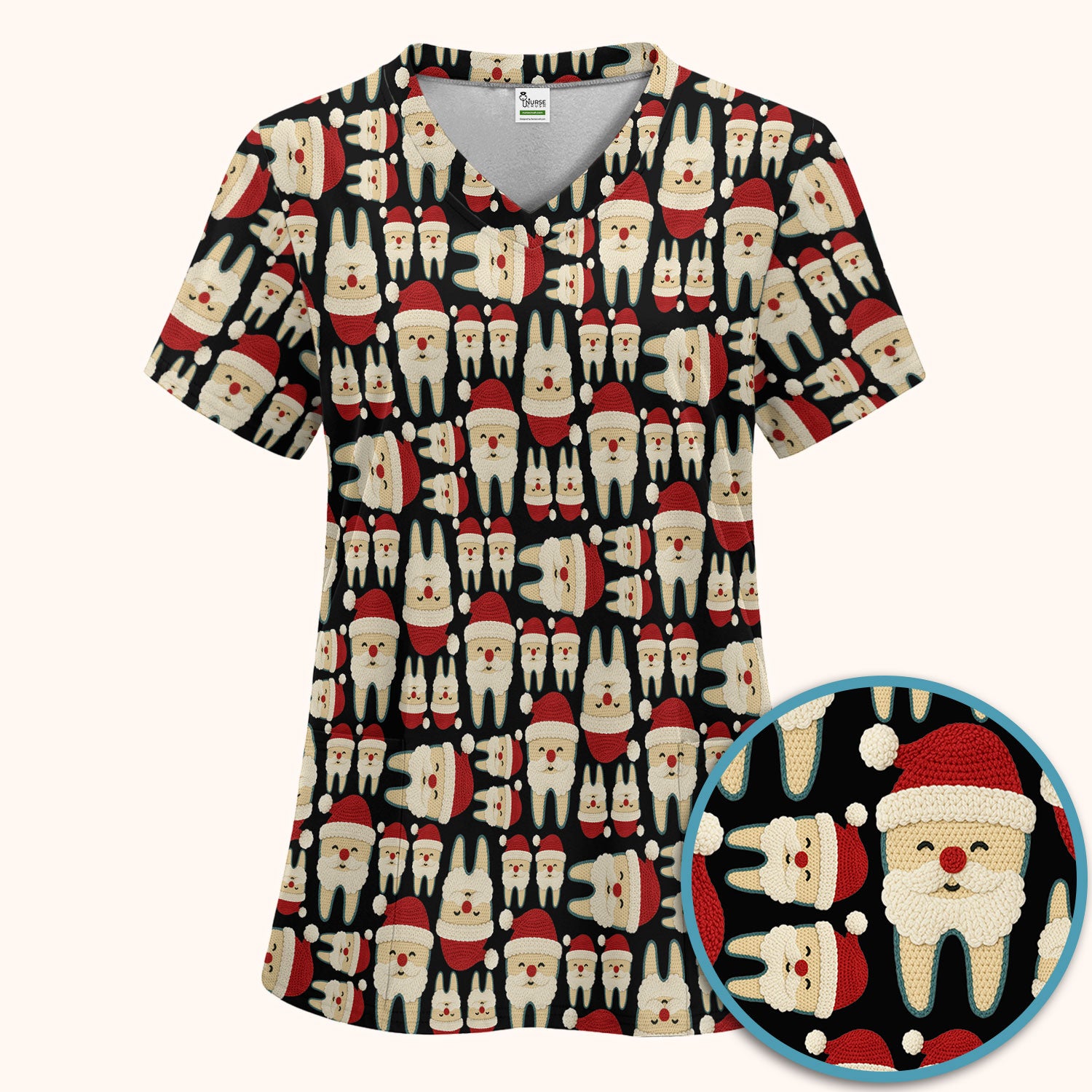 Christmas Tooth Scrub Set - Cute Santa Tooth Pattern for Dentists & Hygienists - Crochet Style Holiday Medical Uniform for Women