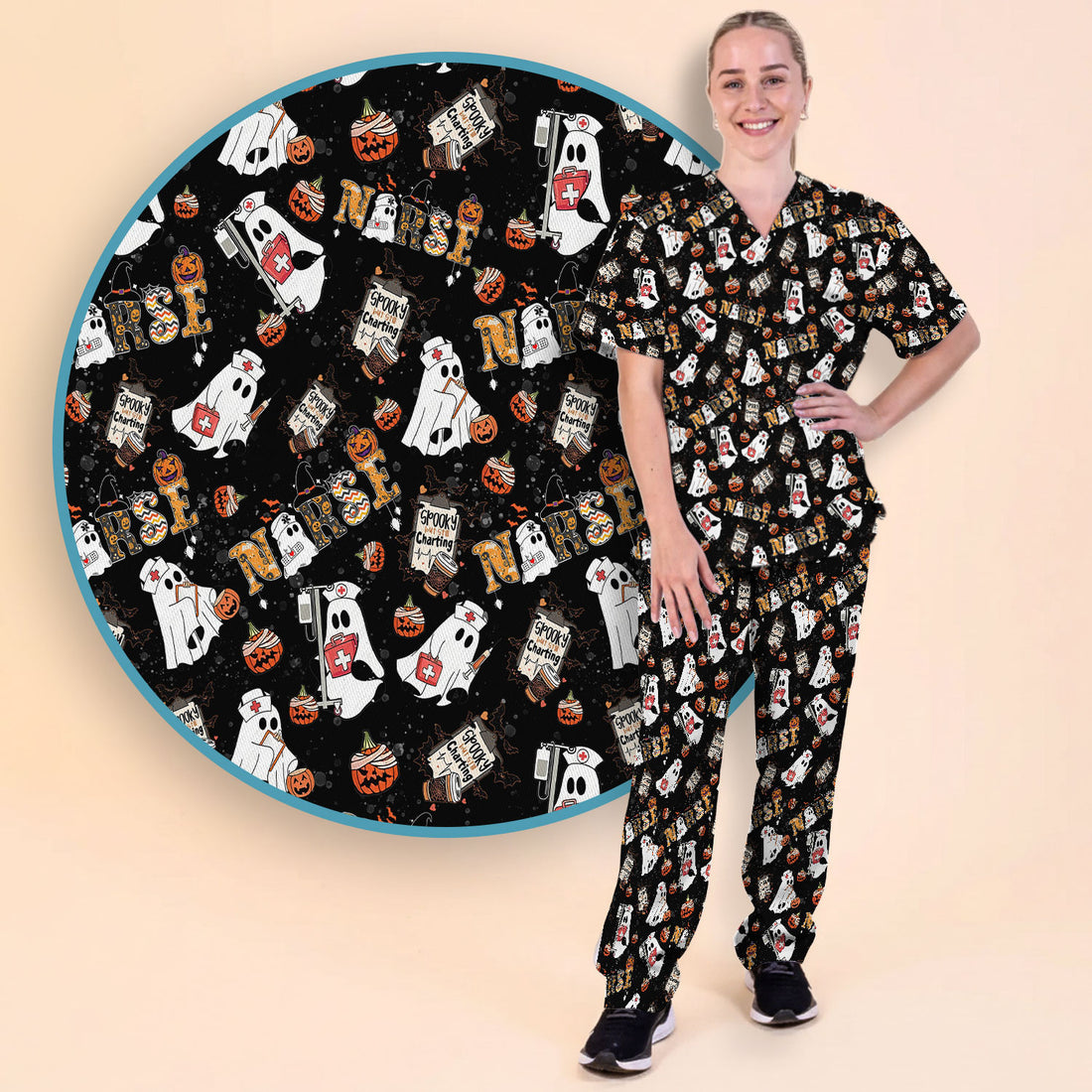 Halloween Women's Scrub Sets - Spooky But Still Charting - Funny Scrubs for Nurses - Horror Pumpkin Scrub Pants and V Neck Top