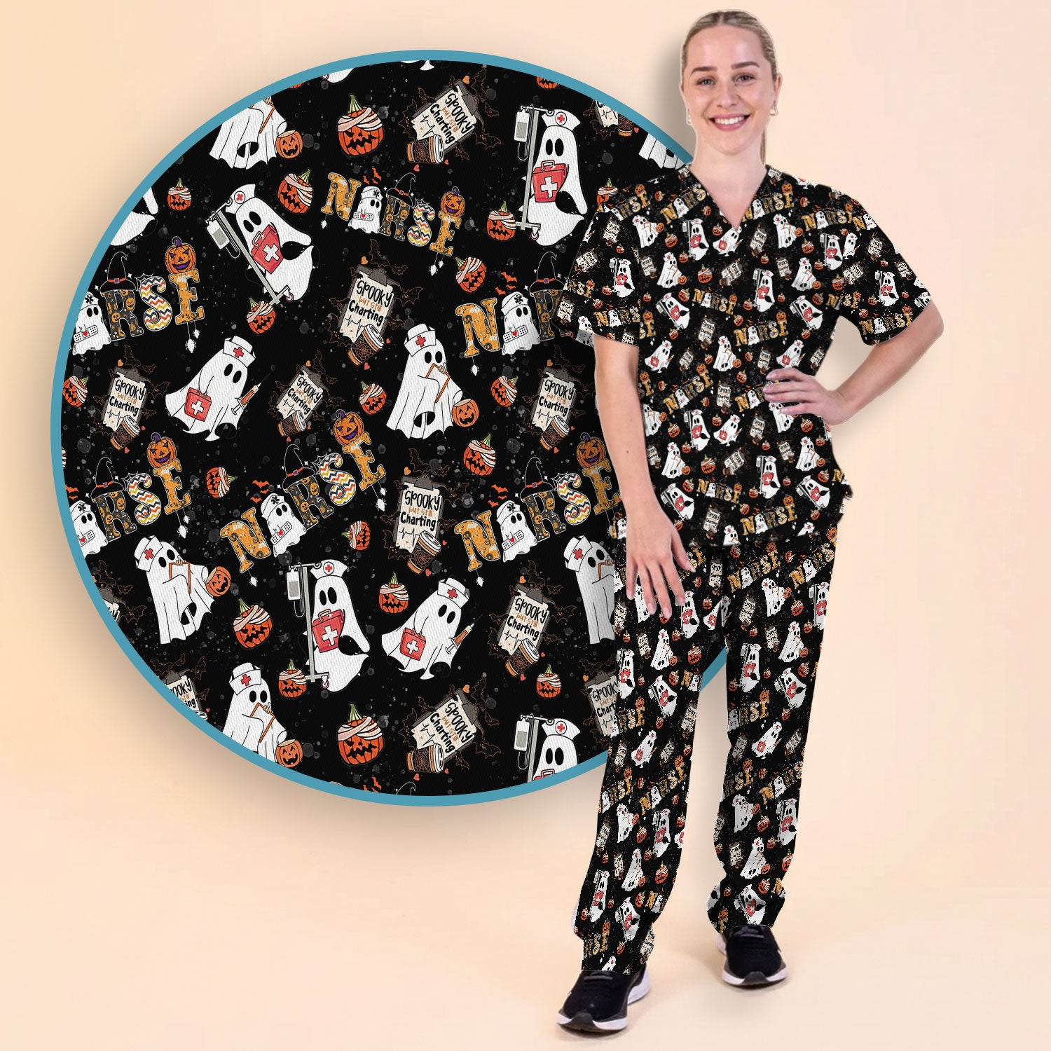 Halloween Women's Scrub Sets - Spooky But Still Charting - Funny Scrubs for Nurses - Horror Pumpkin Scrub Pants and V Neck Top