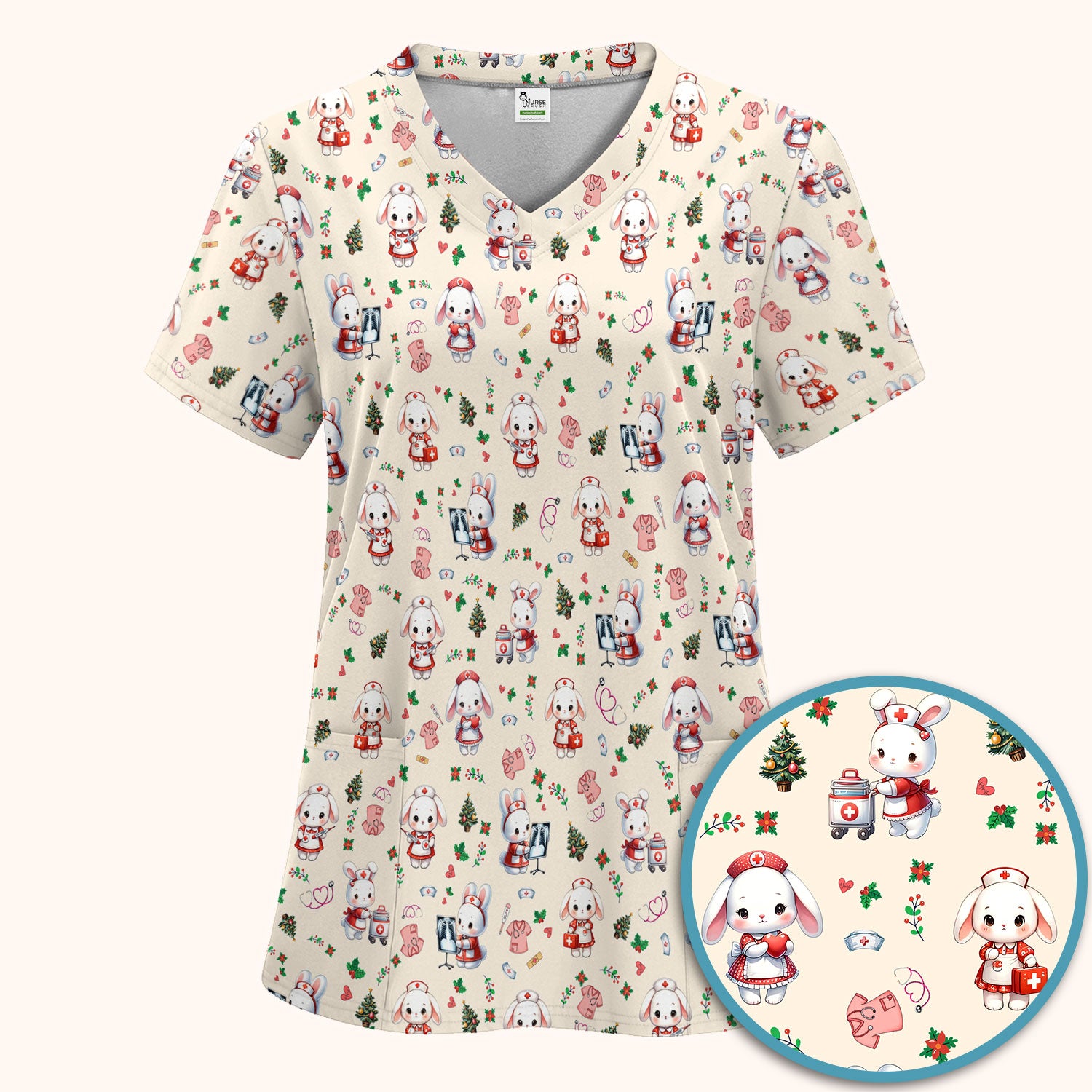 Cute Bunny Scrub Set for Nurse - Adorable Christmas Rabbit Pants and V Neck Top - Funny Holiday Medical Shirt Gift