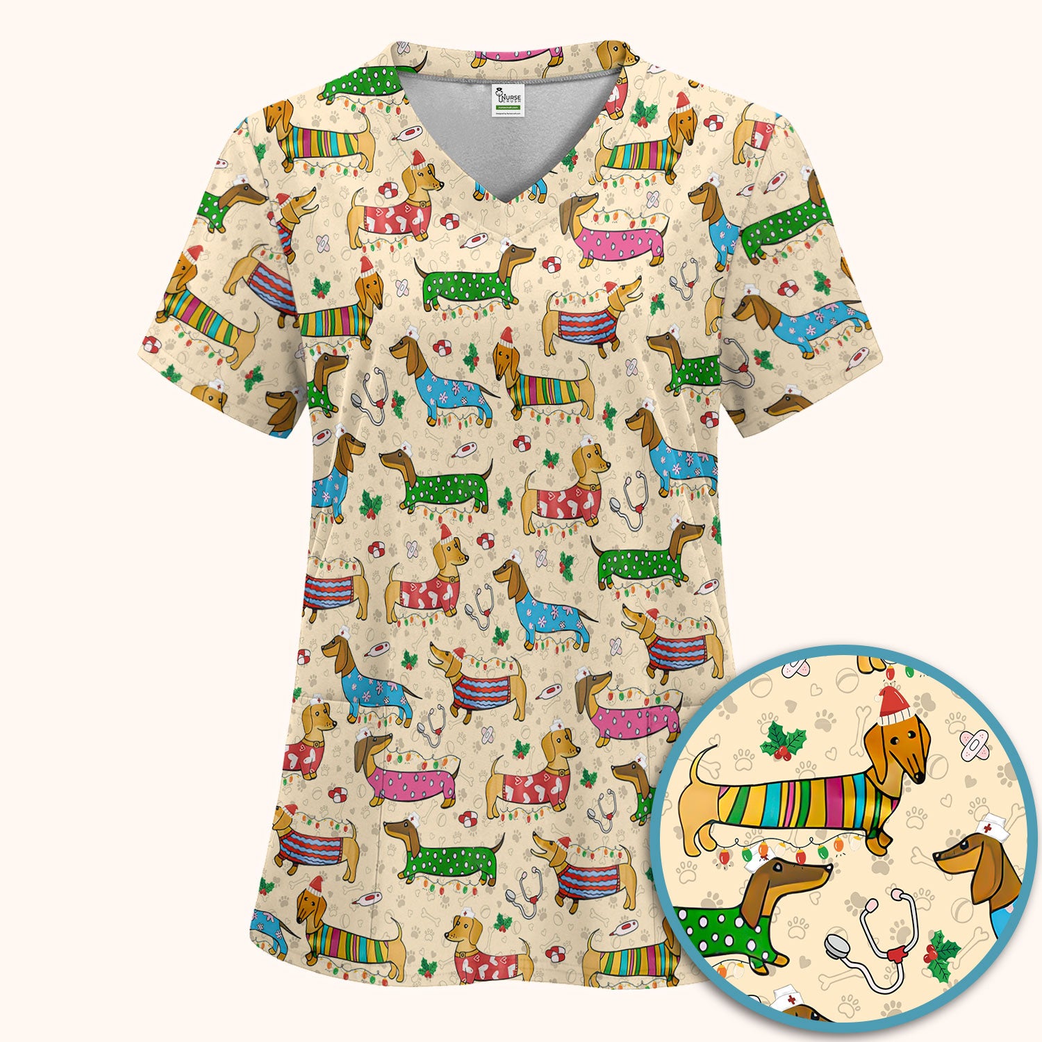 Christmas Dachshund Scrub Set for Nurses - Cute Wiener Dog in Holiday Outfit - Funny Medical Uniform Gift for Women RN LPN CNA