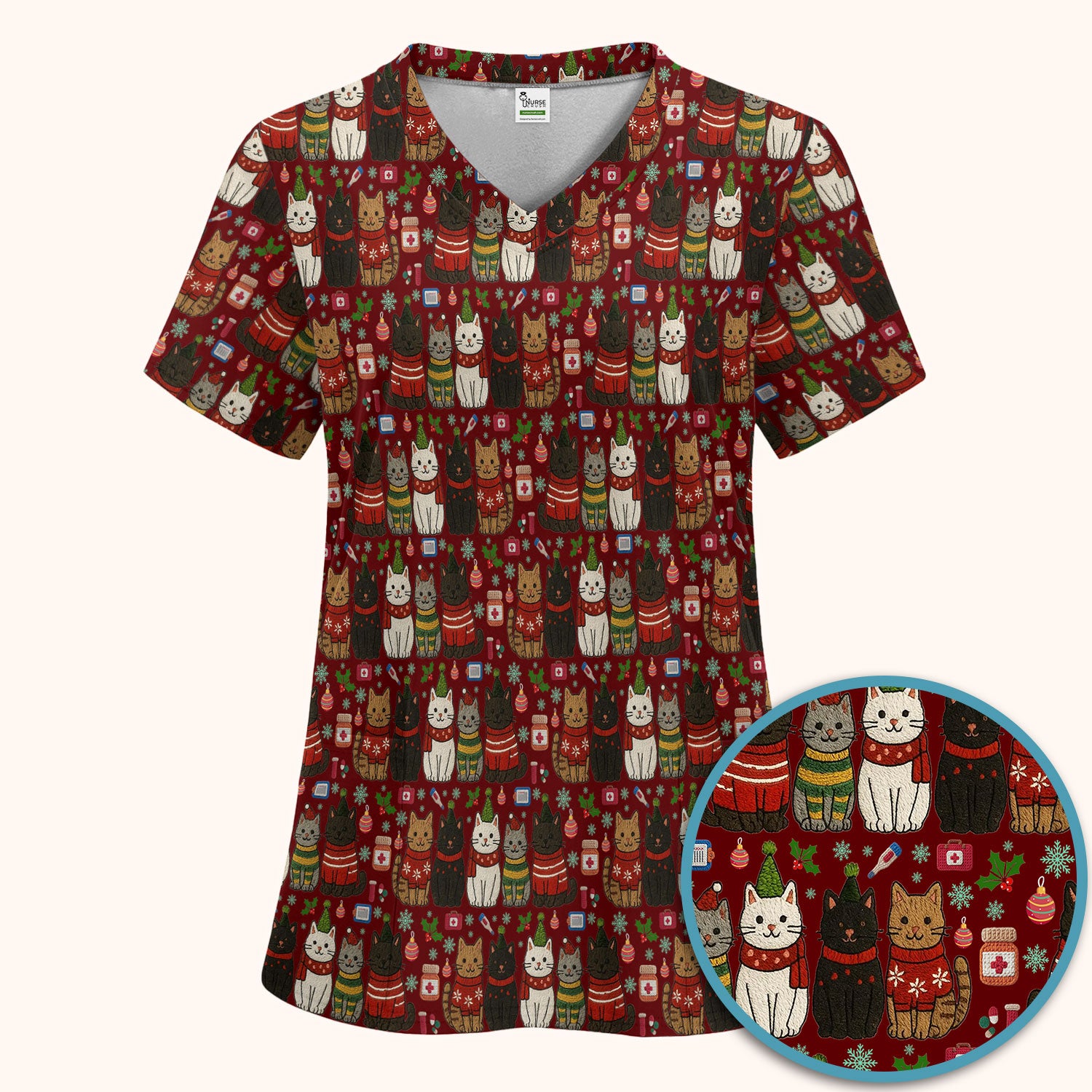 Christmas Cat Scrub Set, Festive Holiday Scrubs With Top And Pants, Cute Cat Lover Medical Uniform For Nurses And Doctors