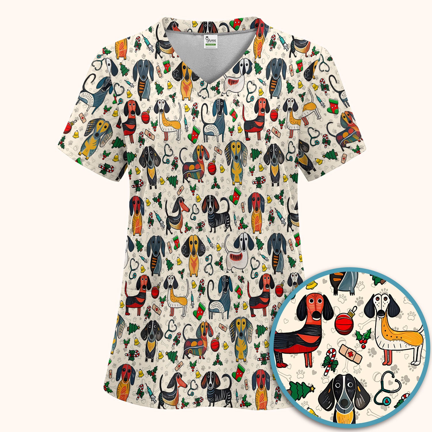 Christmas Wiener Dog Scrub Set - Funny Sausage Dog Pants and V Neck Top - Holiday Medical Uniform