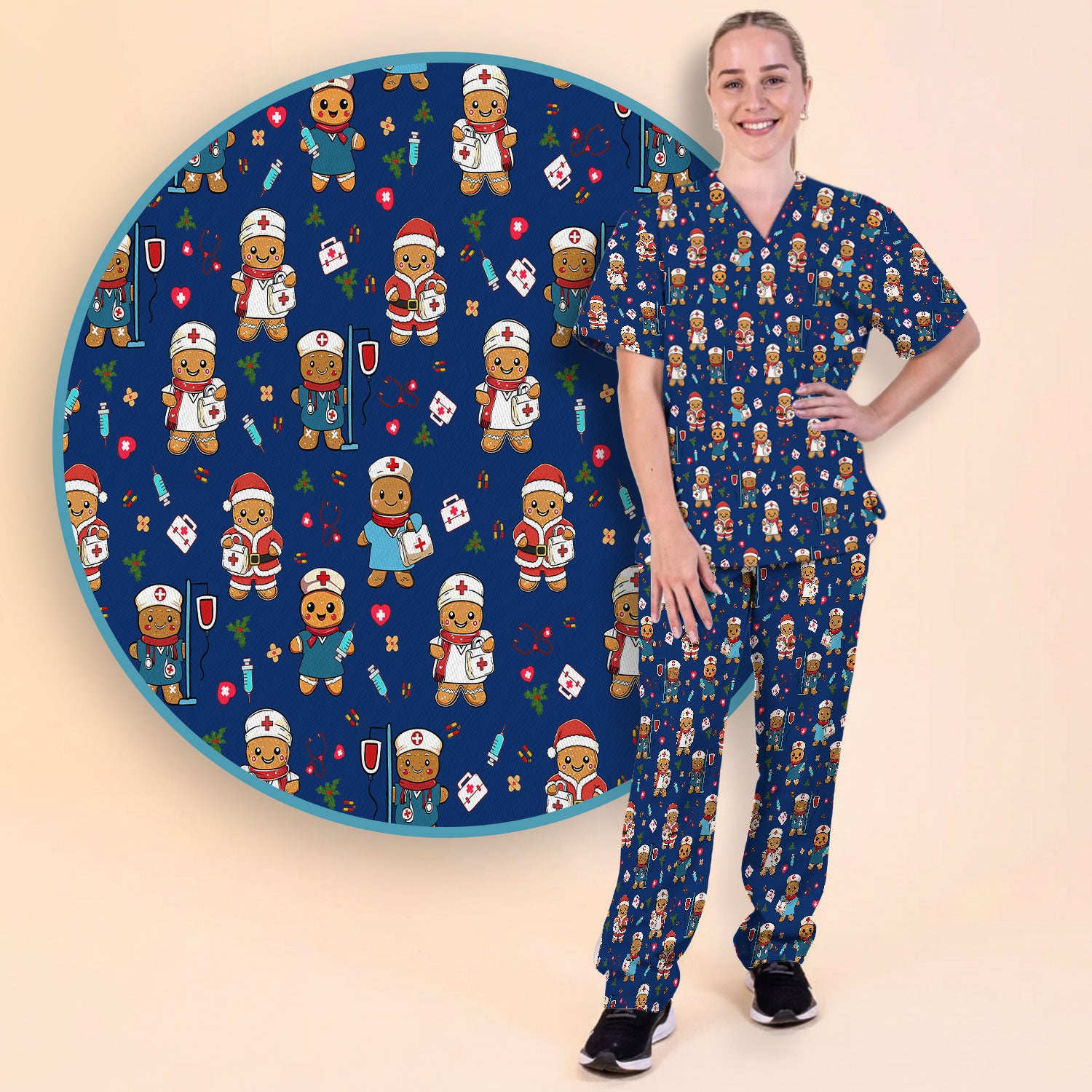 Gingerbread Nurse Scrub Pants - Santa’s Favorite Nurse Holiday Gift - Medical Uniform Set for RN LPN CNA - Funny Xmas Ugly Sweater