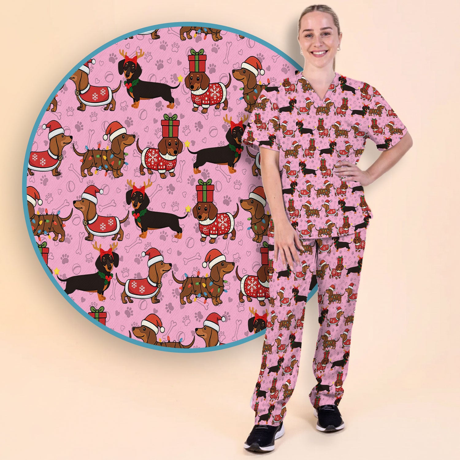 Funny Wiener Dog Scrub Set for Women - Santa's Favourite Nurse Gift - Funny Medical Uniform for RN CNA LPN