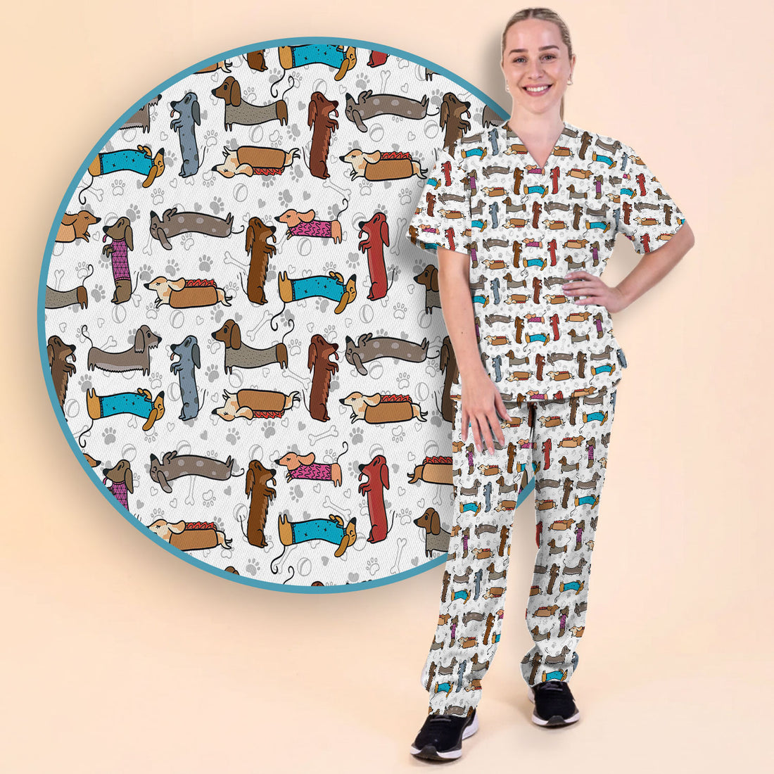 Cute Dachshund Women's Scrub Sets - Funny Sausage Dog Scrub Pants and V Neck Top - Breathable Med Uniform - Nursing Gift
