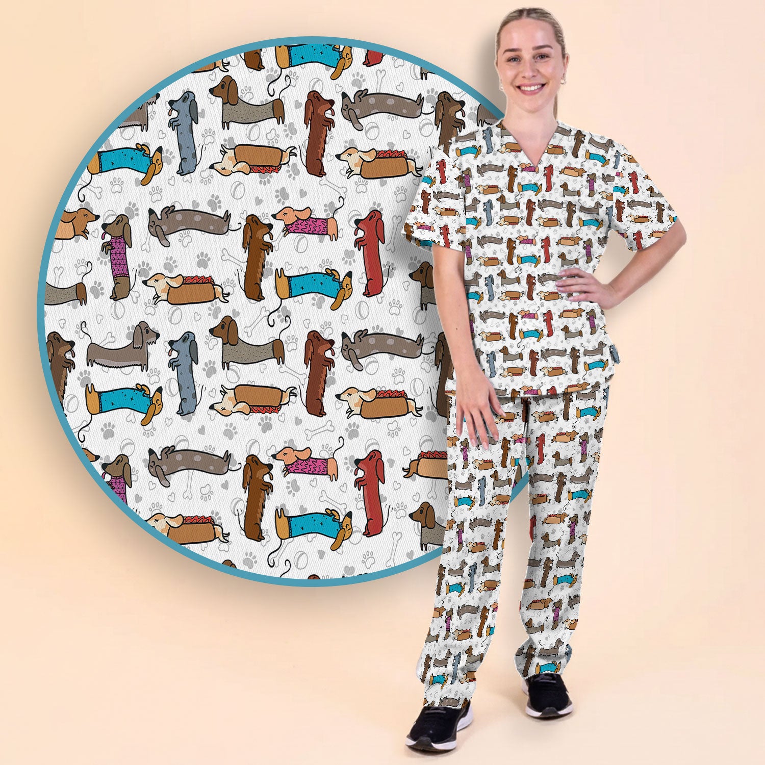 Cute Dachshund Women's Scrub Sets - Funny Sausage Dog Scrub Pants and V Neck Top - Breathable Med Uniform - Nursing Gift