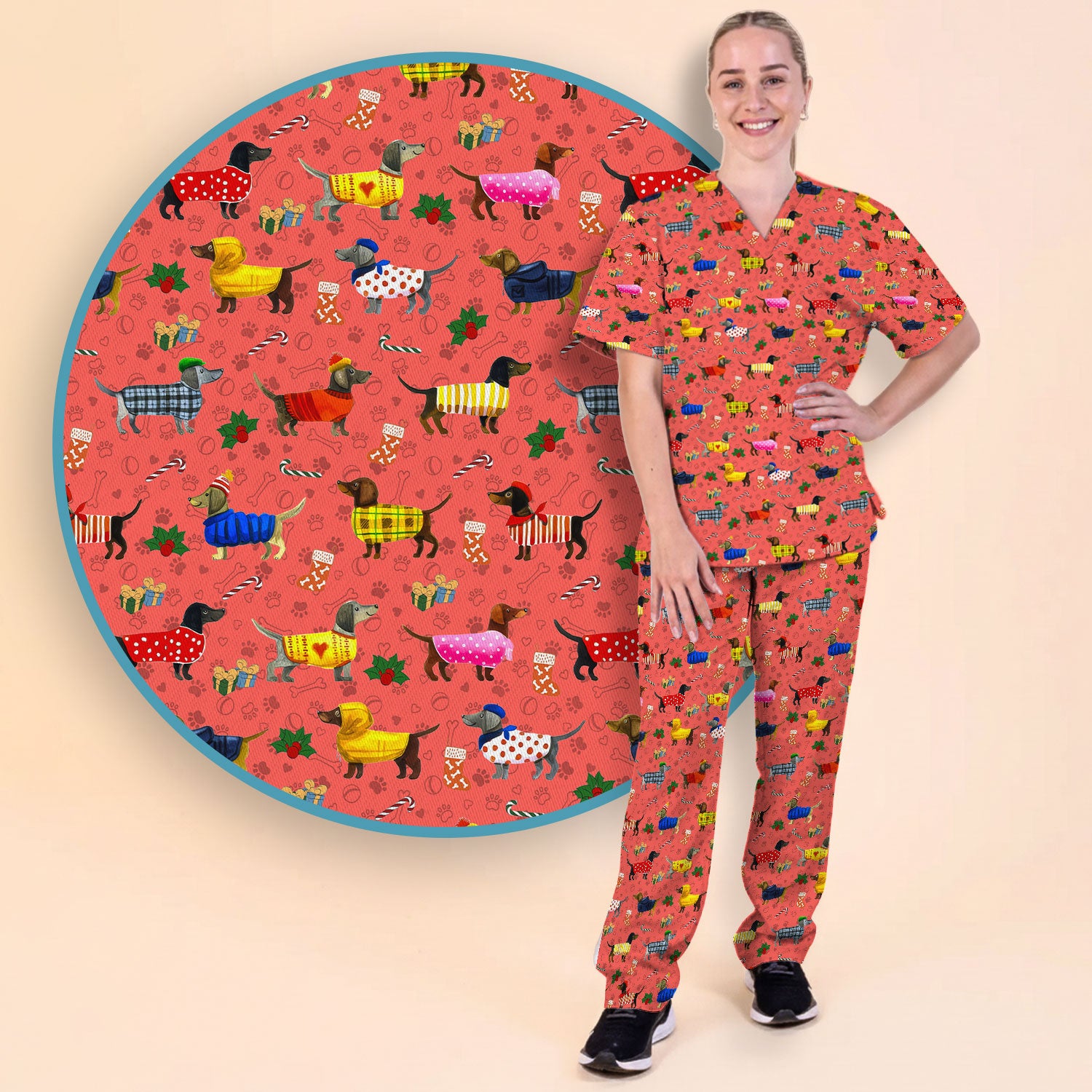 Dachshund Women Scrub Sets - Funny Wiener Dog Paw Prints Nurse Uniform - Comfortable Nursing Pants V Neck Shirt - Holiday Ugly Sweater