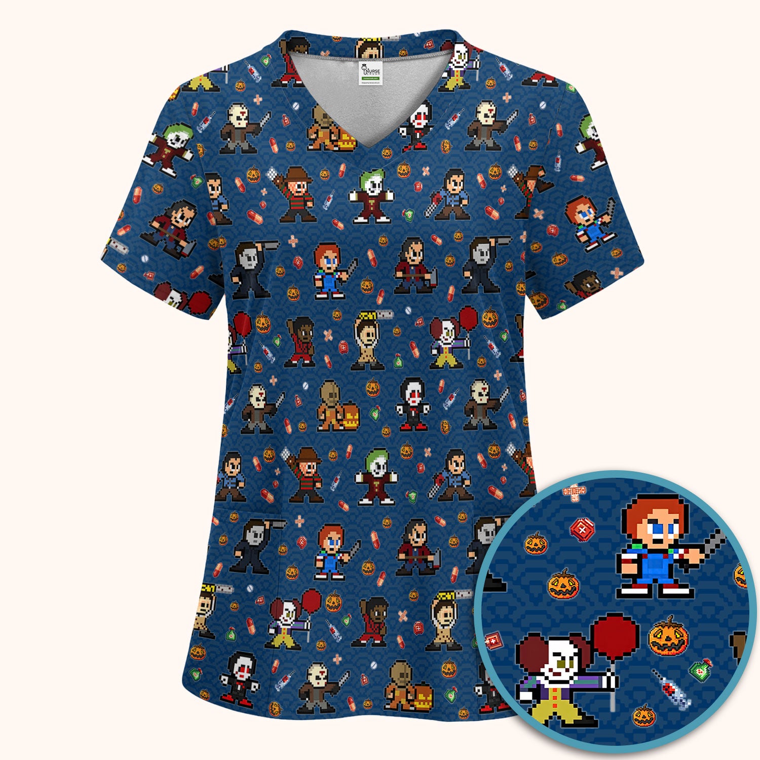 Halloween Women's Scrub Sets - Comfortable Scrubs for Nurses - Scary Character Scrub Pants and V Neck Top - Med Uniform for Her