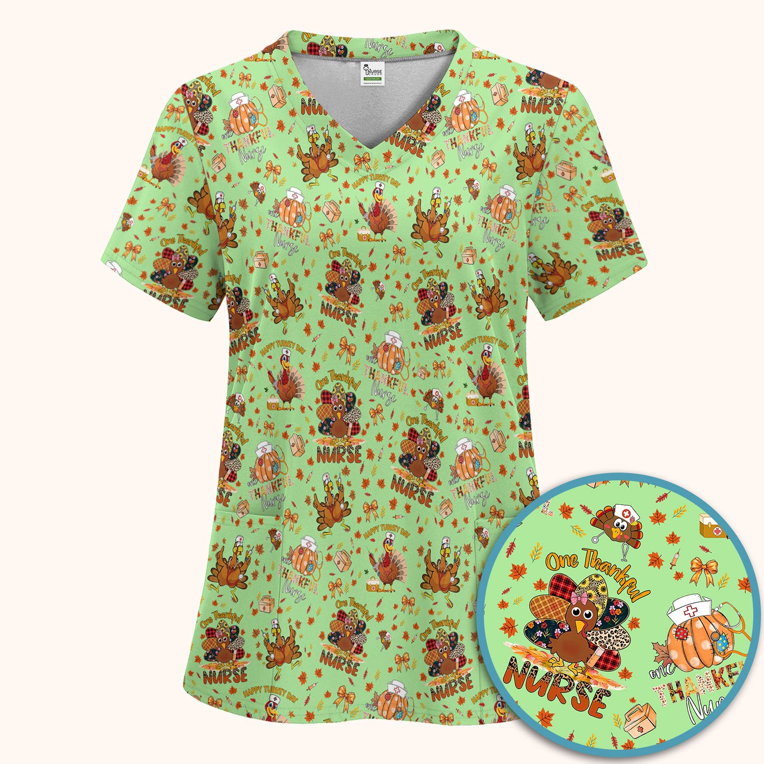Thanksgiving Nurse Fall Scrub Sets for Women - Cute Turkey and Pumpkin Scrubs Pants and V Neck Top - Autumn Med Gift for Her