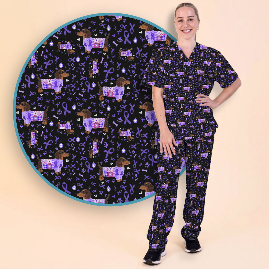 Purple Ribbon Dachshund Scrub Sets - Cute Awareness Dog Paw Prints Scrub Pants and V Neck Top - Support Lupus Cancer Med Uniform