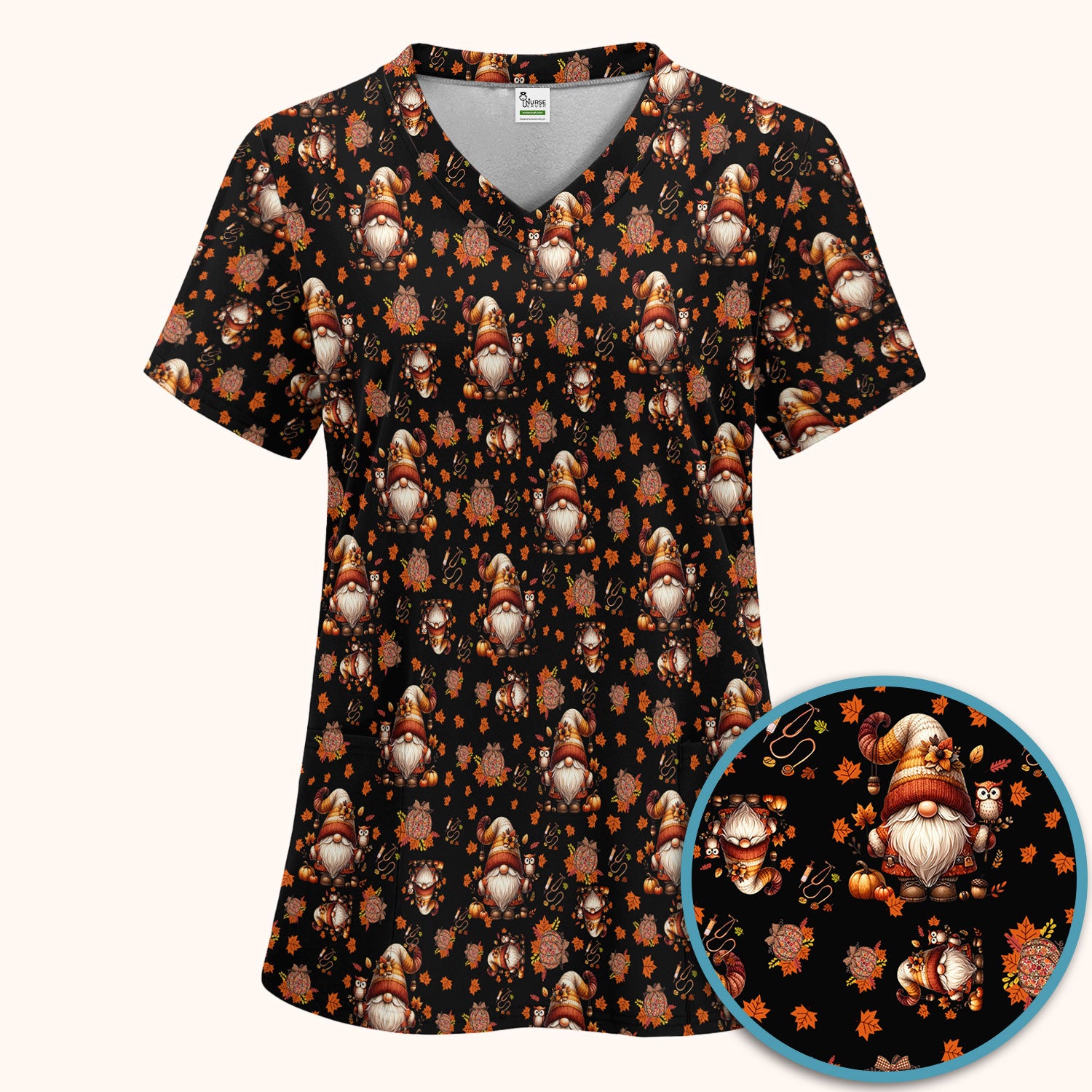 Fall Gnome Women's Scrub Sets - Autumn Leaves Pumpkin Scrub Pants and V Neck Top - Thanksgiving Nursing Uniform