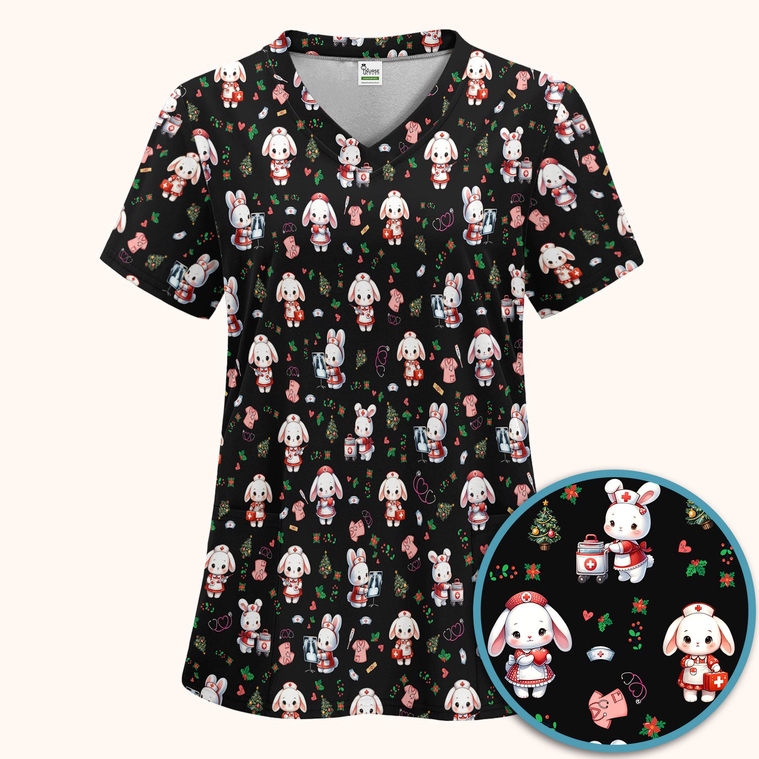 Comfortable Scrubs Sets for Nurses - Funny Bunny Scrub Pants and V Neck Top - Rabbit Christmas Med Uniform for Women