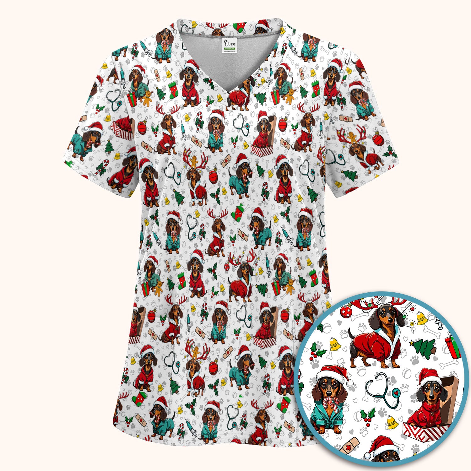 Christmas Dachshund Scrub Set for Nurses - Cute Sausage Dog Holiday - Funny Reindeer & Santa Scrubs Pants and V Neck Top