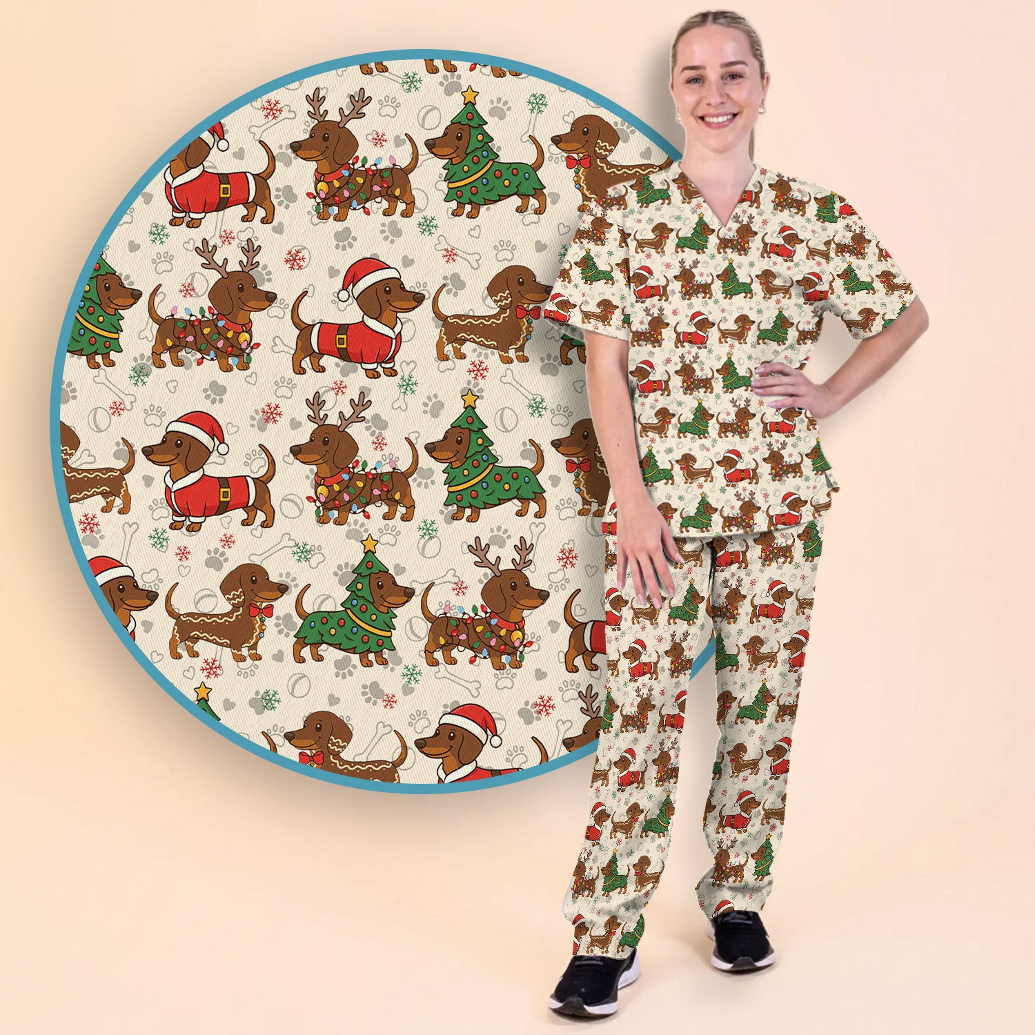Christmas Weenie Dog Scrub Sets - Xmas Dachshund Scrub Pants - Cute Sausage Puppy V Neck Top - Breathable Med Uniform