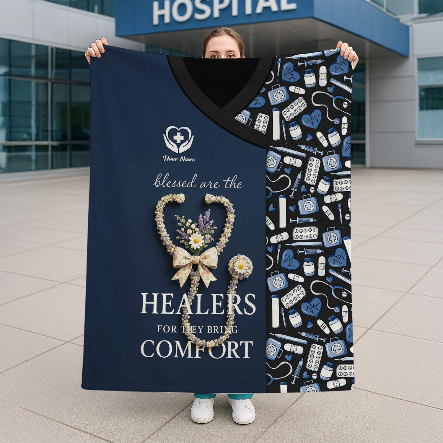 Custom Name Nurse Blanket - Blessed Are the Healers Who Bring Comfort - Floral Stethoscope Gift for RN CNA LPN Women in Healthcare