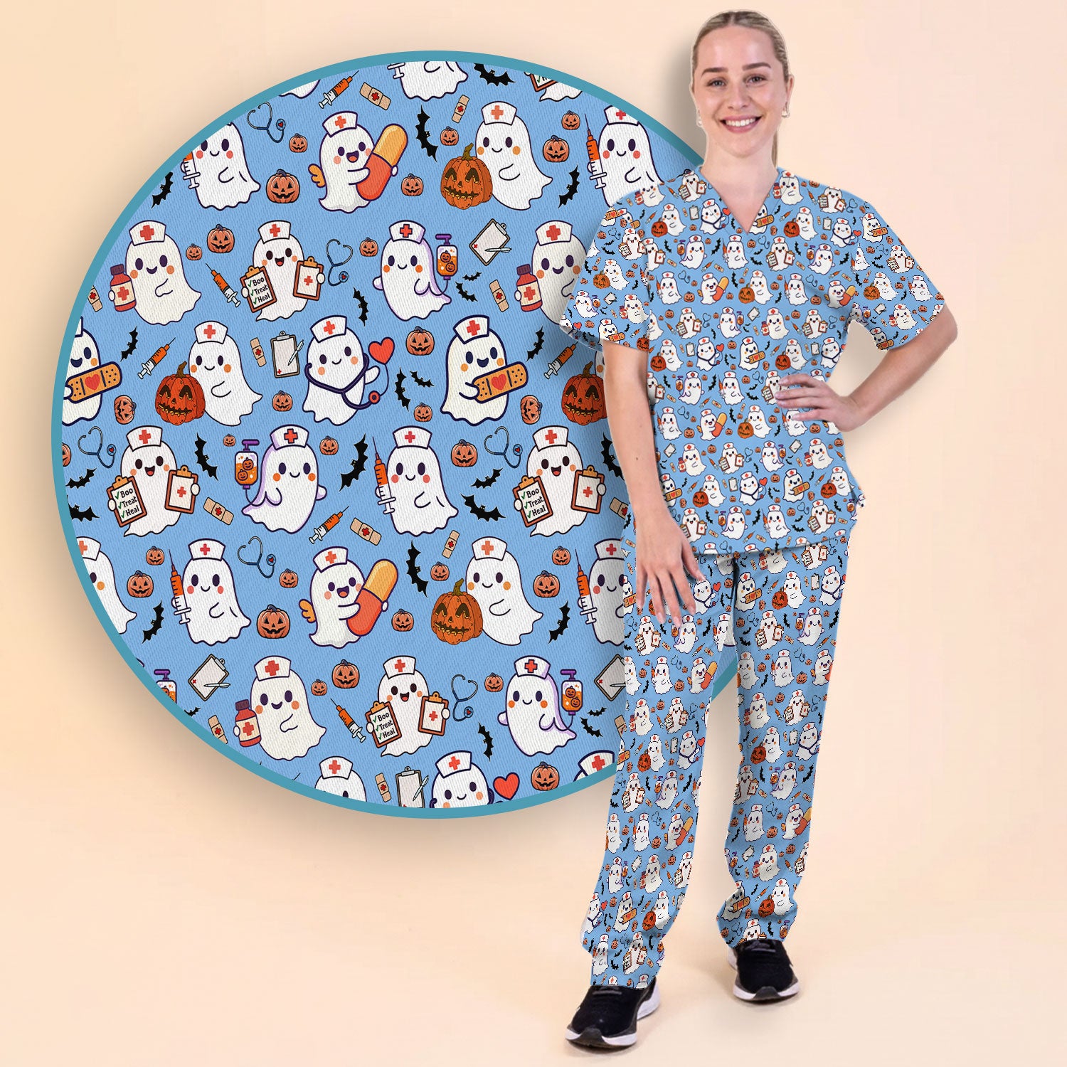 Halloween Women's Scrub Sets - Comfortable Scrubs for Nurses - Pumpkin Ghost Scrub Pants and V Neck Top - Breathable Med Uniform