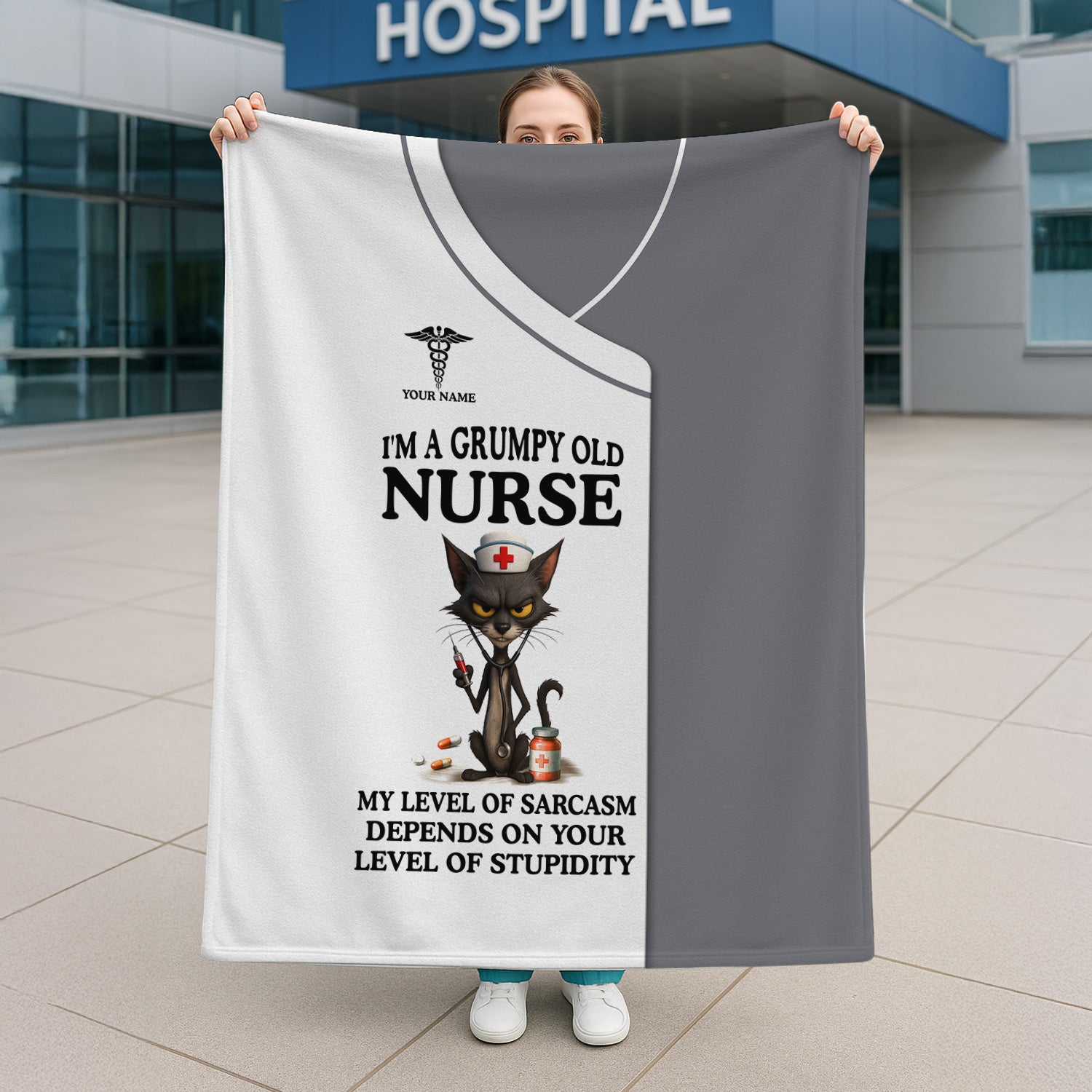 Custom Name Grumpy Old Nurse Blanket - Angry Cat Sarcastic Humor for RN LPN CNA Medical Staff Gift  - Multiple Color Options Available Keepsake