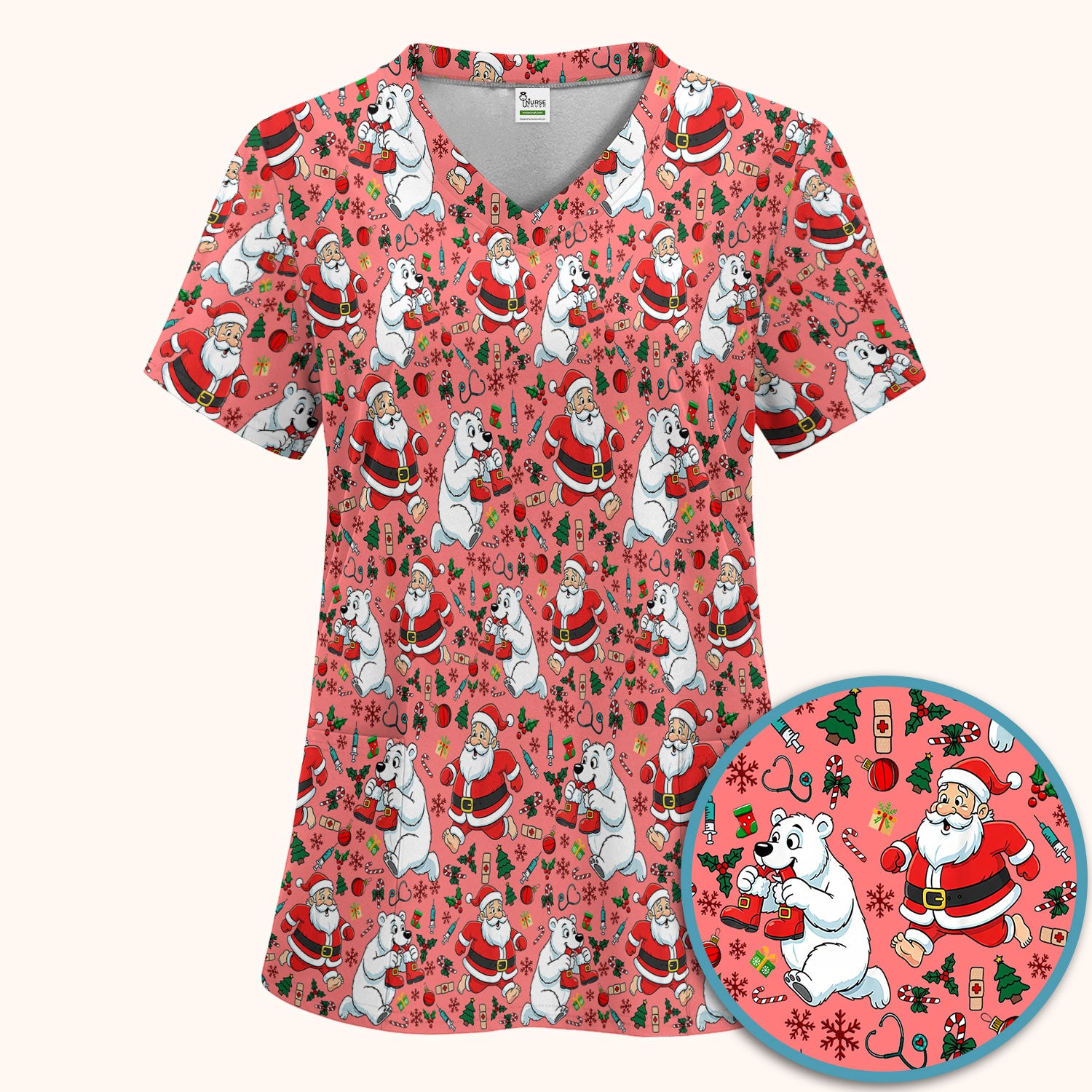 Christmas Santa & Polar Bear Scrub Set - Funny Holiday Nursing Pants and V Neck Top - Cute Winter Medical Uniform