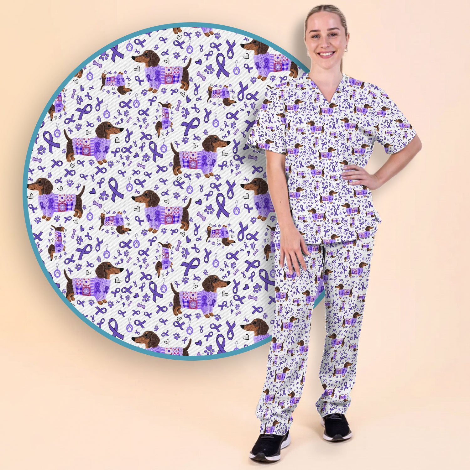 Purple Ribbon Dachshund Scrub Sets - Cute Awareness Dog Paw Prints Scrub Pants and V Neck Top - Support Lupus Cancer Med Uniform