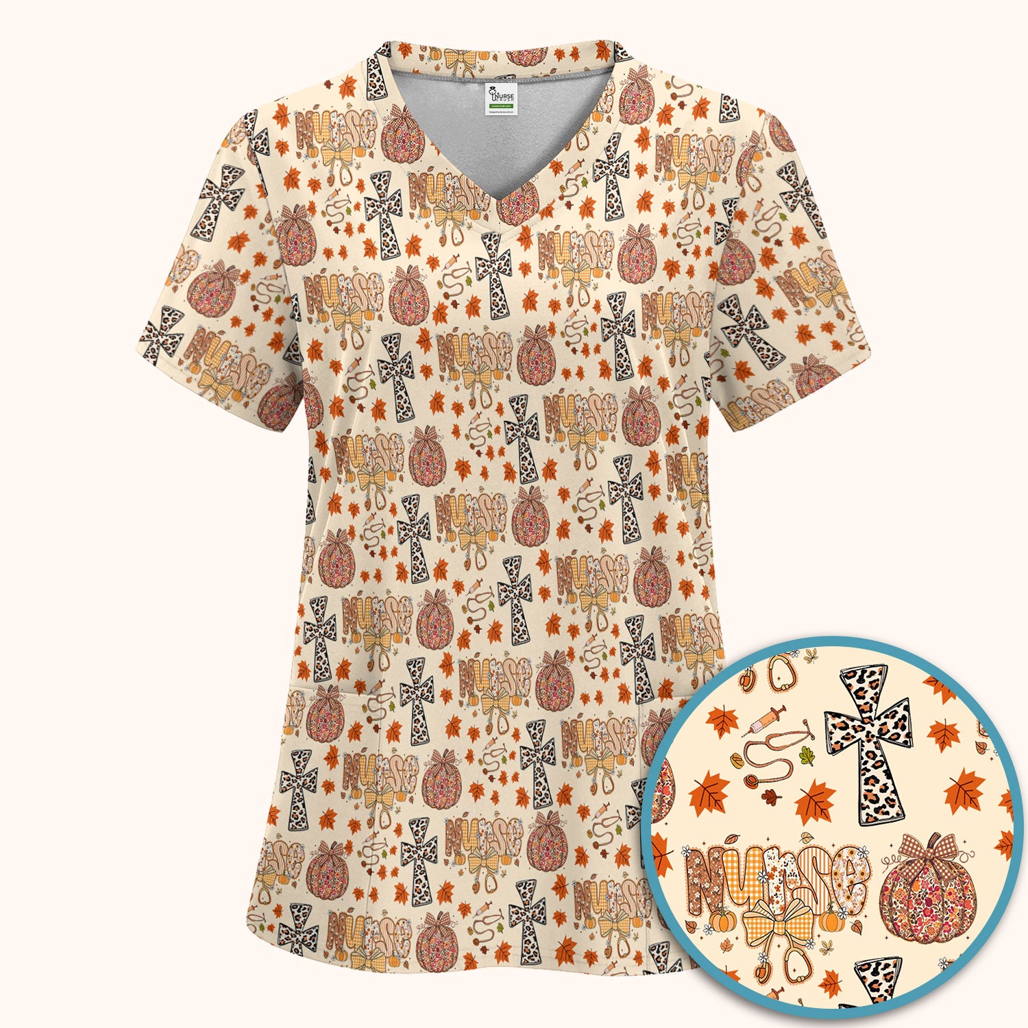 I Will Praise Him In Every Season - Boho Pumpkin Leopard Cross Fall Scrub Sets for Nurse - Thanksgiving Med Uniform for Women