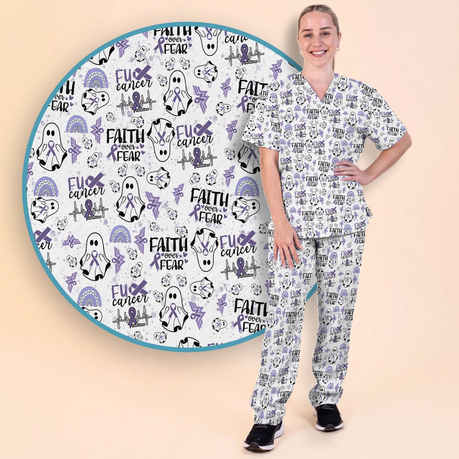 Stomach Cancer Awareness Scrub Sets - Periwinkle Blue Ribbon Survivor Scrub Pants and V Neck Top - November Warrior Gift