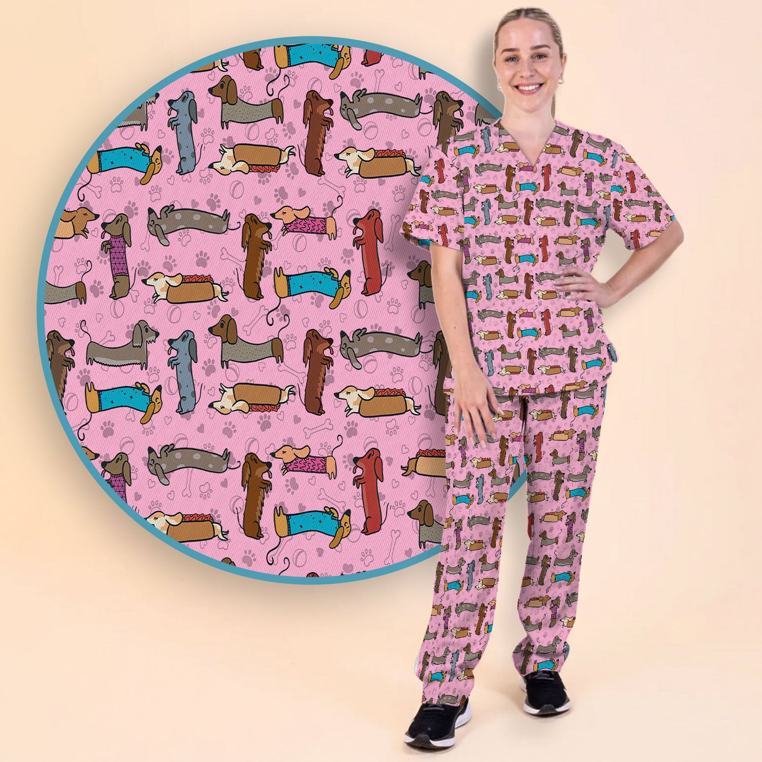 Cute Dachshund Women's Scrub Sets - Funny Sausage Dog Pattern Med Uniform - Nursing Gift for RN LPN CNA