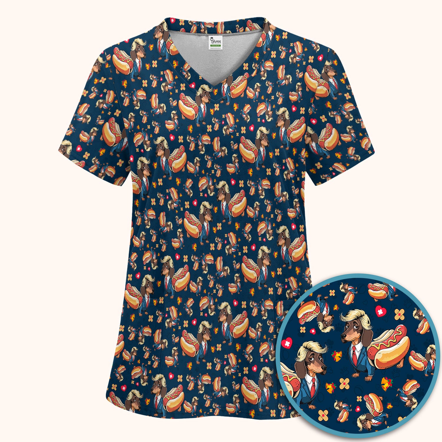 Dachshund Hot Dog Nurse Scrub Set - Funny Sausage Dog Pants and V Neck Top - Medical Uniform Gift