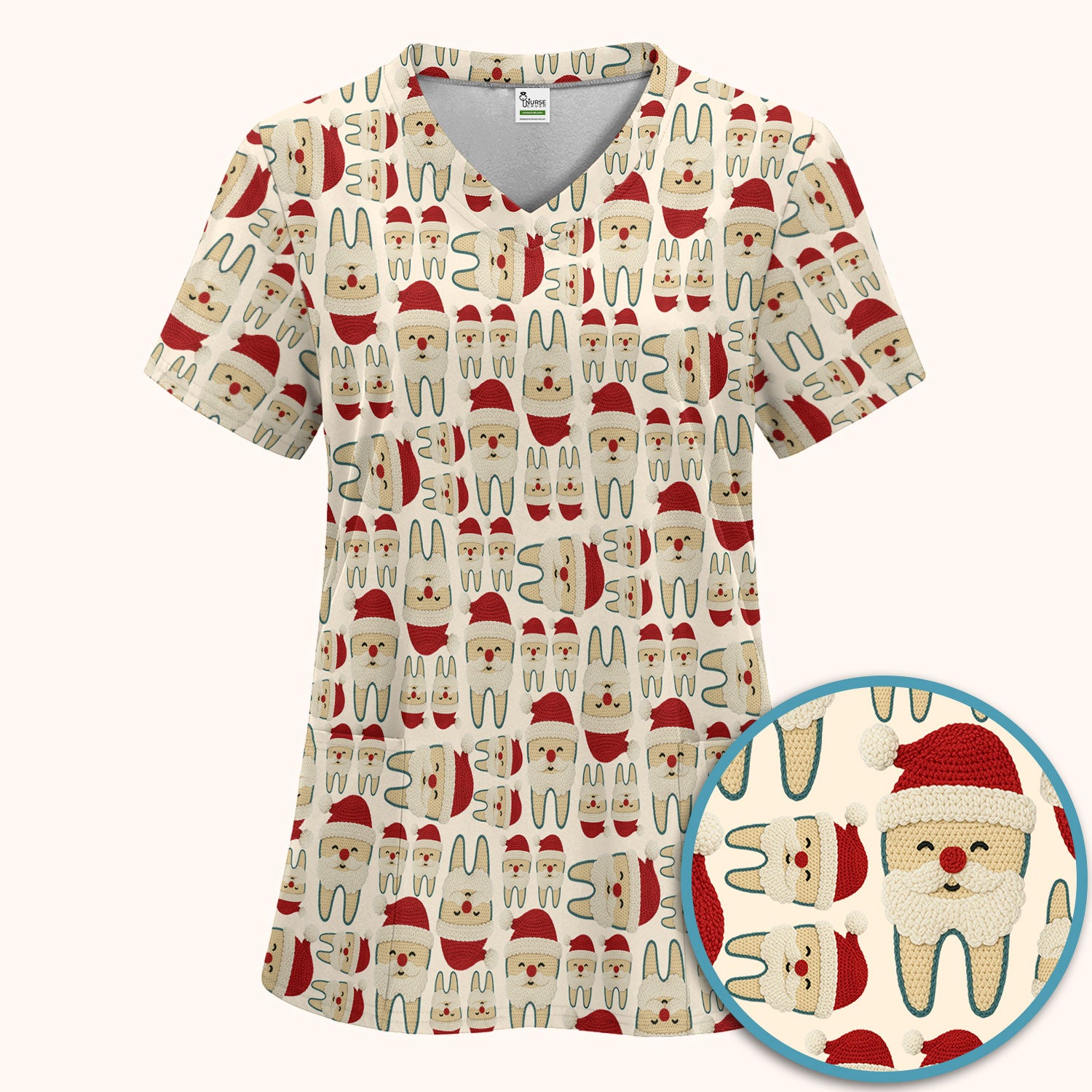 Christmas Tooth Scrub Set - Cute Santa Tooth Pattern for Dentists & Hygienists - Crochet Style Holiday Medical Uniform for Women