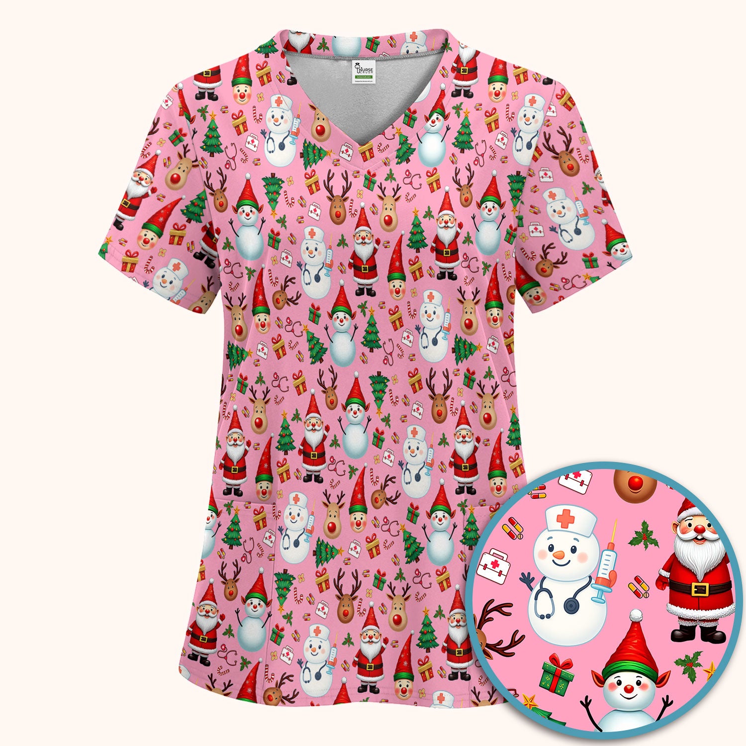 Christmas Scrub Set for Nurses - Cute Snowman Reindeer Santa Pattern - Holiday Medical Uniform RN CNA LPN Gift