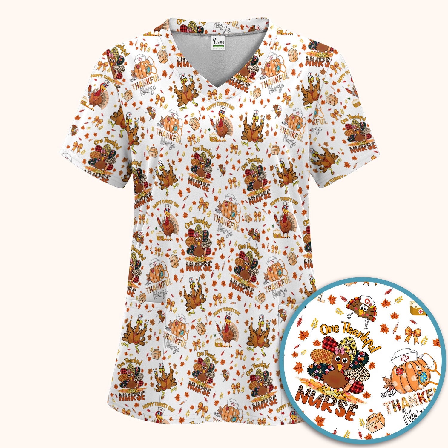Thanksgiving Scrub Set for Women - Turkey Pumpkin Scrub Top and Pants for Nurses - Fall Med Uniform for RN CNA LPN