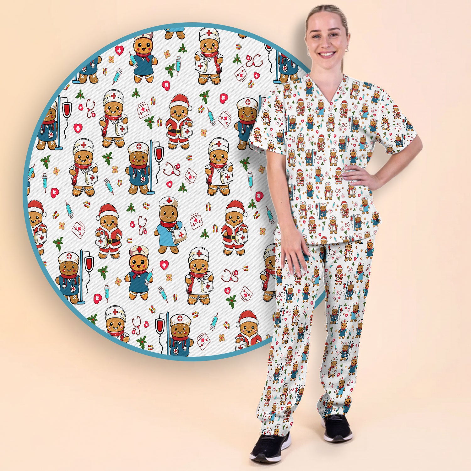 Gingerbread Nurse Scrub Pants - Santa’s Favorite Nurse Holiday Gift - Medical Uniform Set for RN LPN CNA - Funny Xmas Ugly Sweater