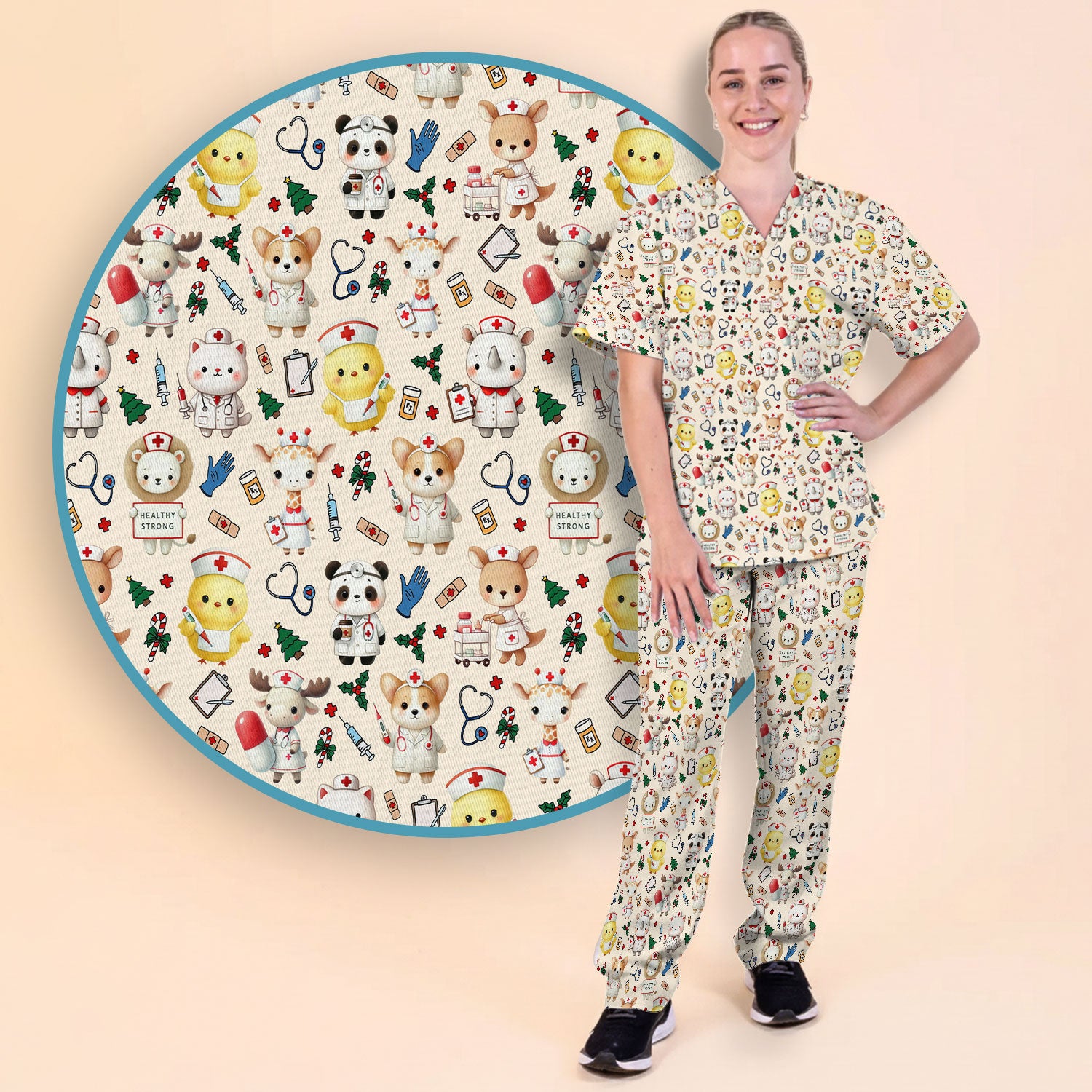Comfortable Scrubs for Nurses - Women's Scrub Sets - Blue Scrub Pants and V Neck Top - Puppy Print Nursing Uniform